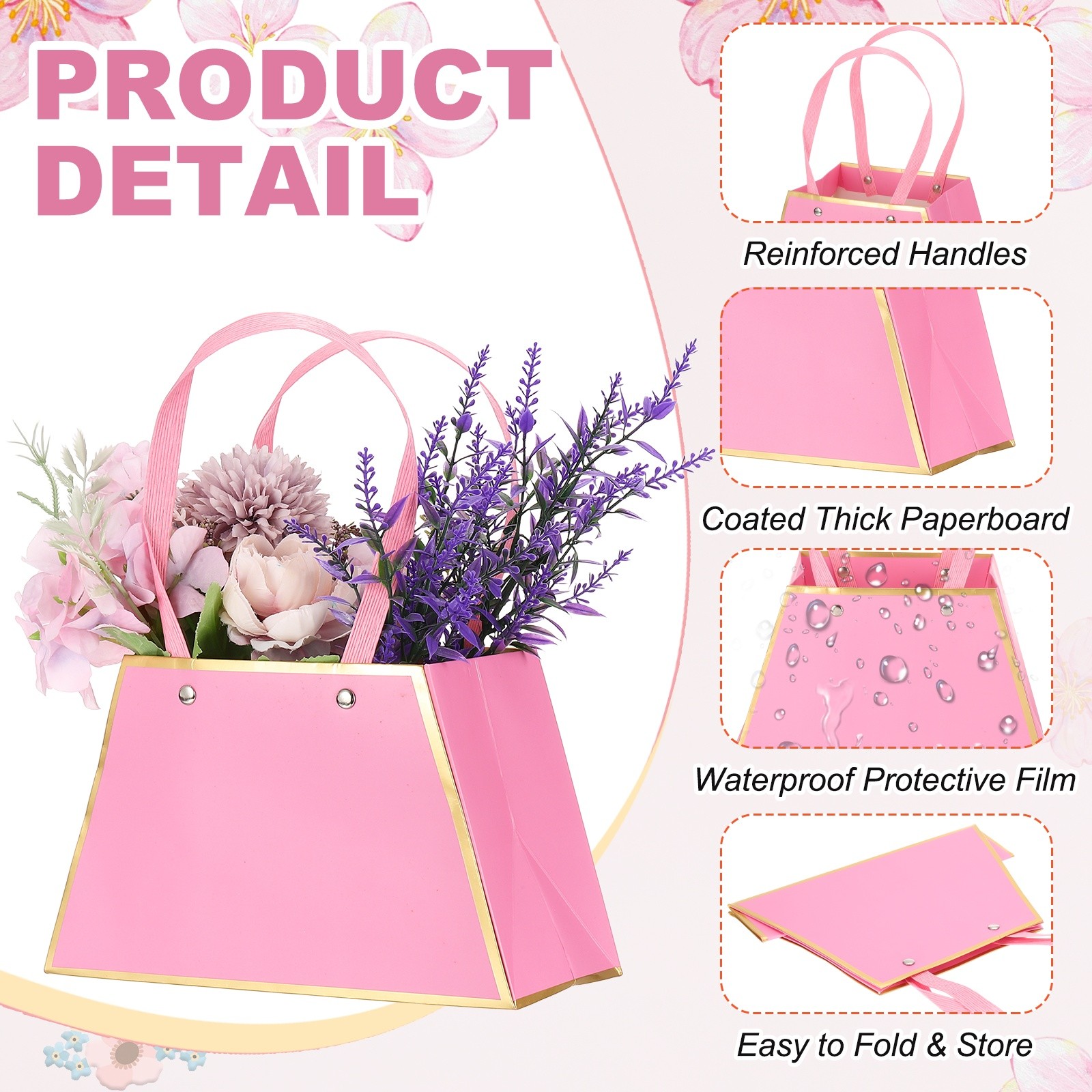 12 Pcs Flower Gift Bags Bouquet Wrapping Bag Paper Bouquet Bag Boxes Dark Pink