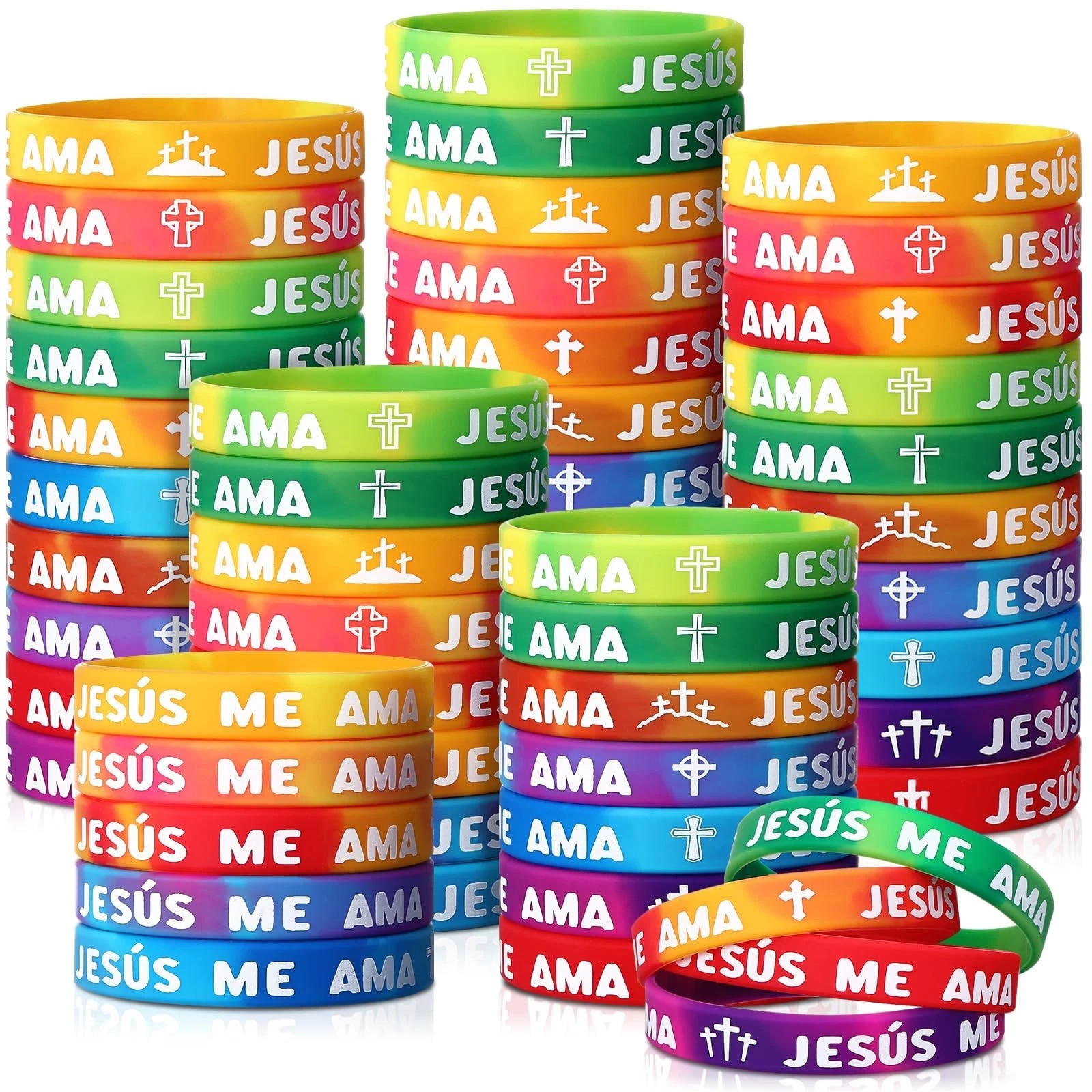 150 Pcs Spanish Jesus Loves Me Wristbands Bulk 10 Styles Rainbow Jesus Me Ama…