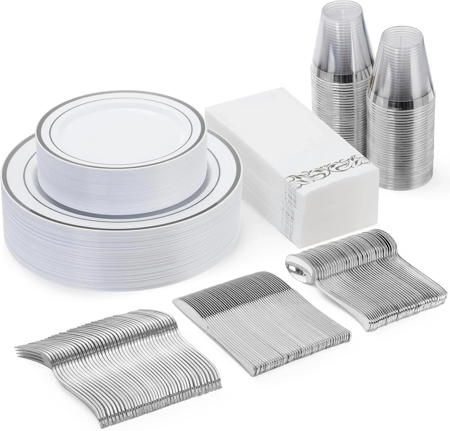 25 Guest Silver Plastic Dinnerware Set – Plates, Napkins, Cups & Utensils