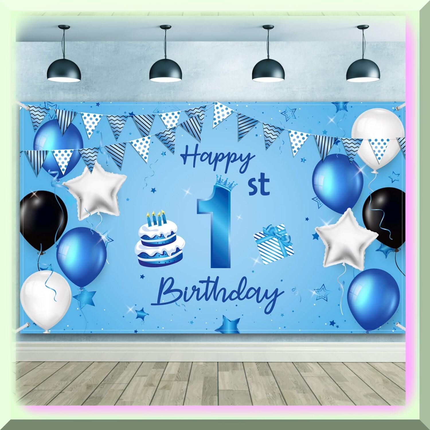 Blue First Birthday Fabric Backdrop with Birthday Decorations