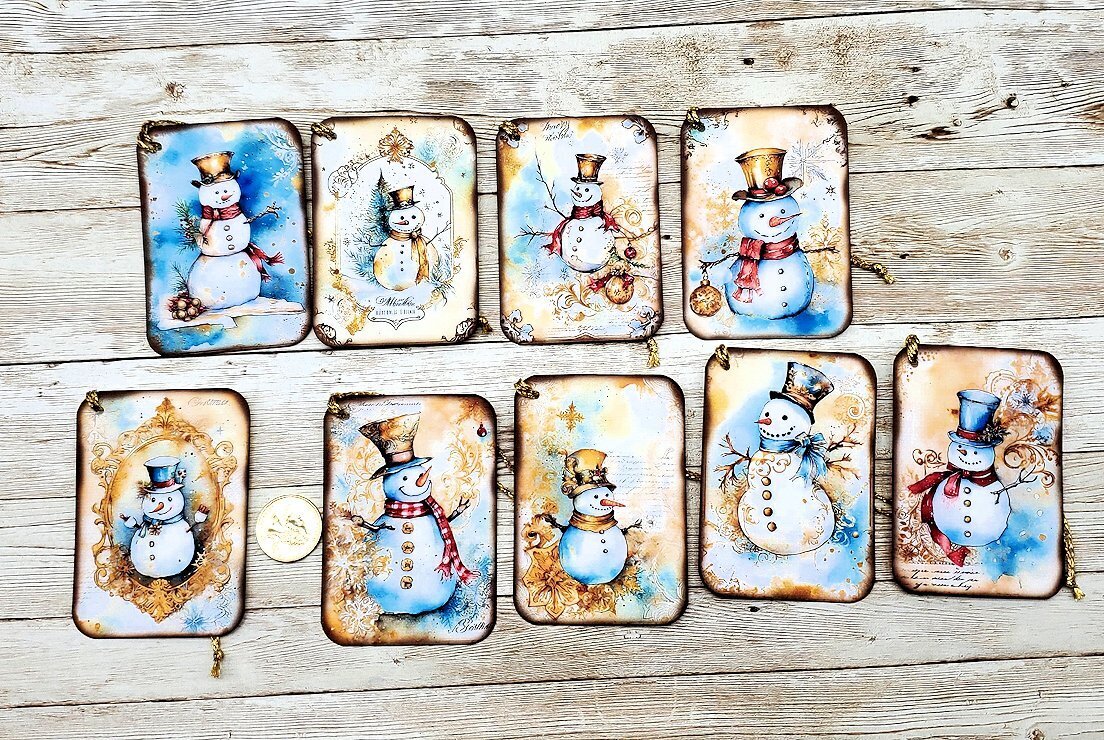 9-Christmas-Watercolor Style-Snowman-Journals-Linen Cardstock-Gift-Hang-Tags