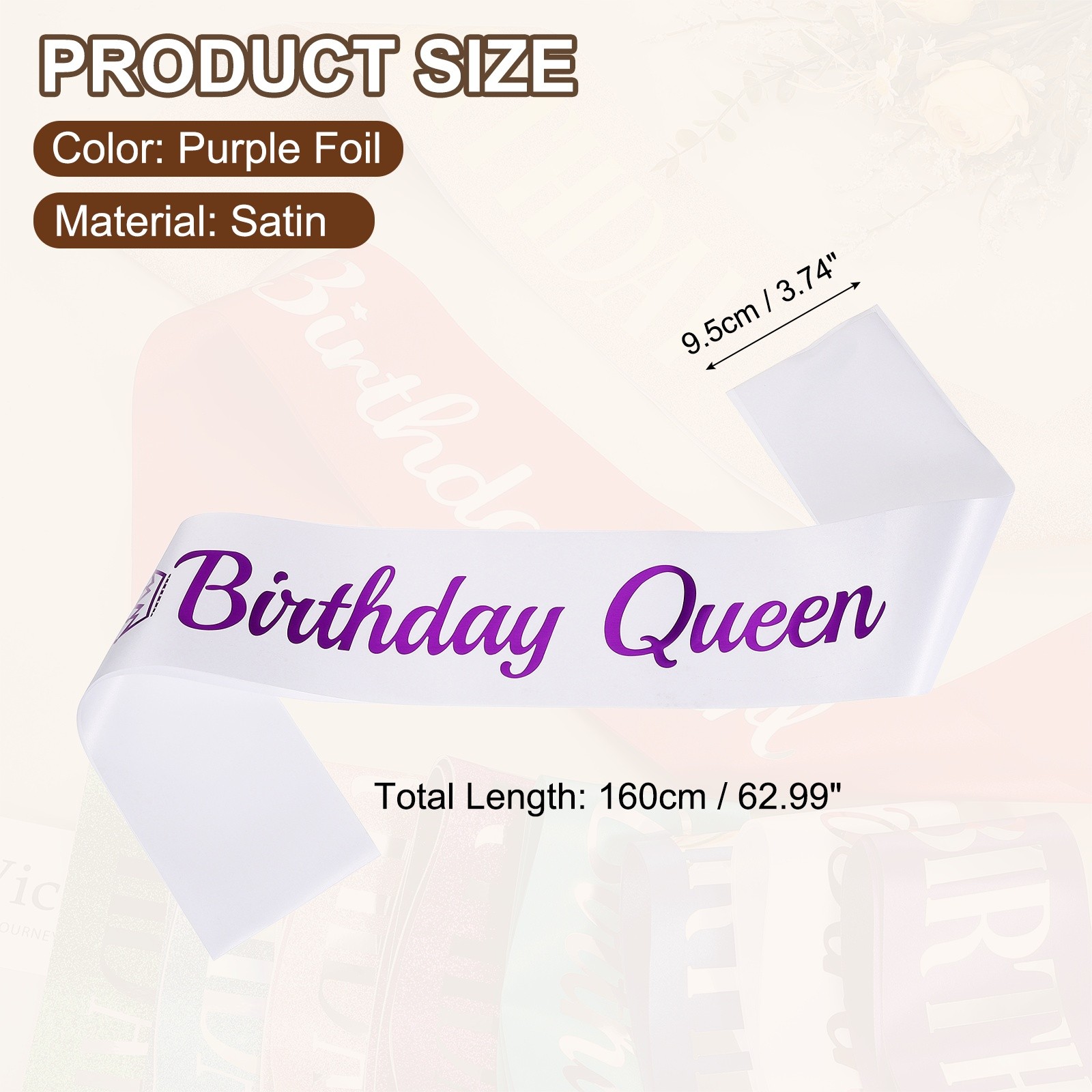 White Birthday Queen Sash with Pin Purple Foil Lettering for Party