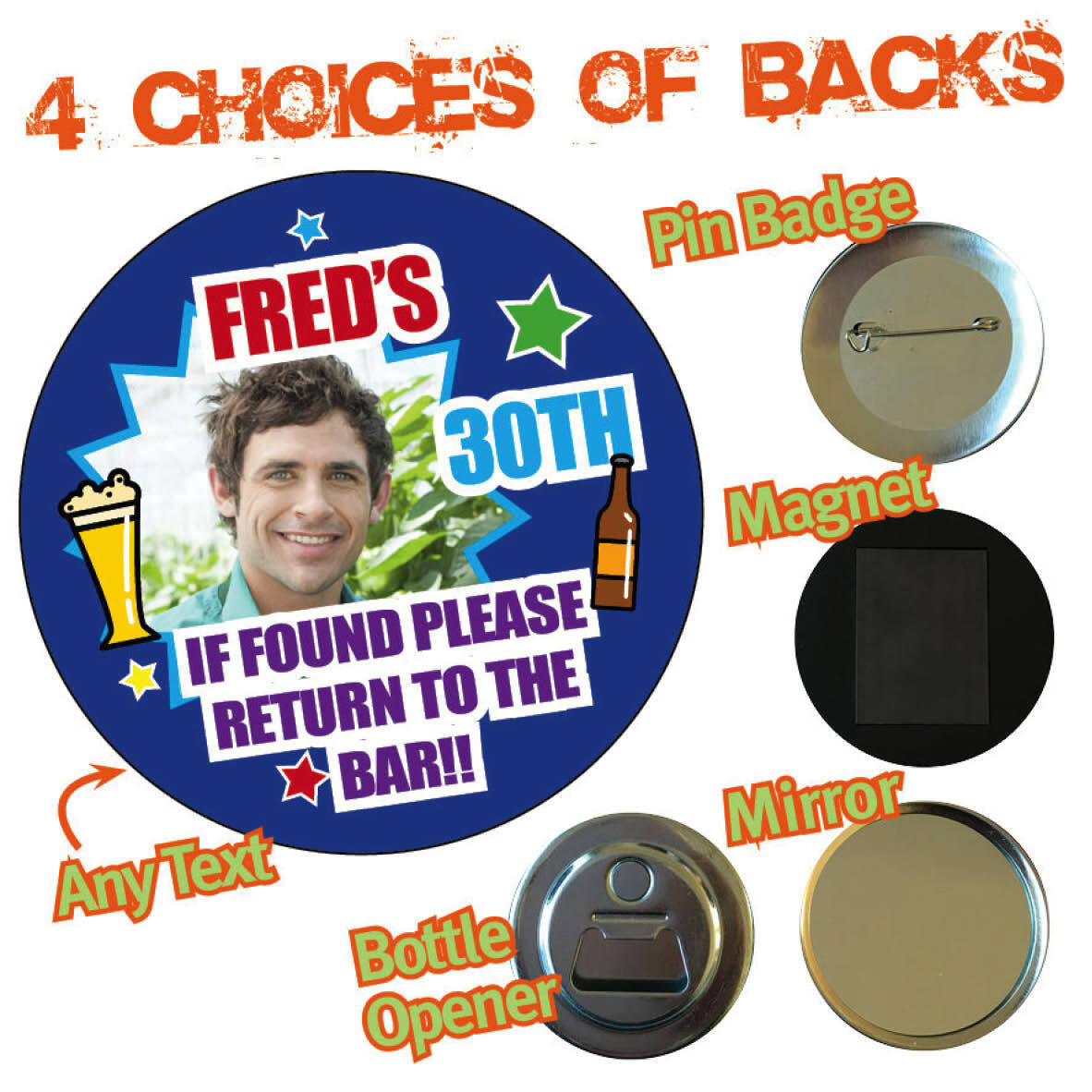 Personalised PHOTO Birthday Party Badge Magnet Mirror Bottle Opener Fun Gift 633