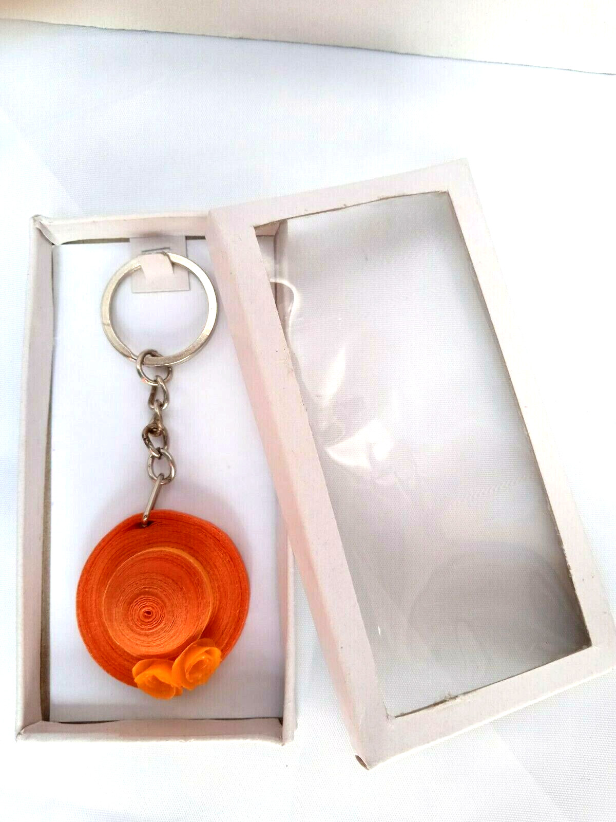 100% Handmade Paper Quilling Orange Hat Key Tag, Key Chain, Ring, Water Resist