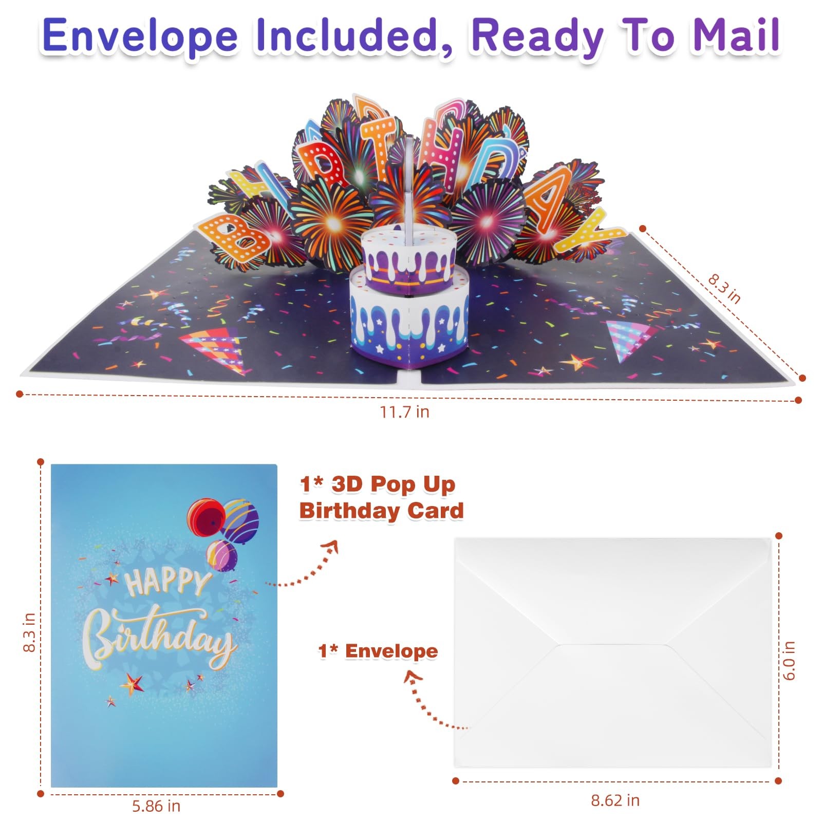 MZD8391 Birthday Cards Fireworks 3D Pop Up 5.86 inches x 8.3 inches, Orange