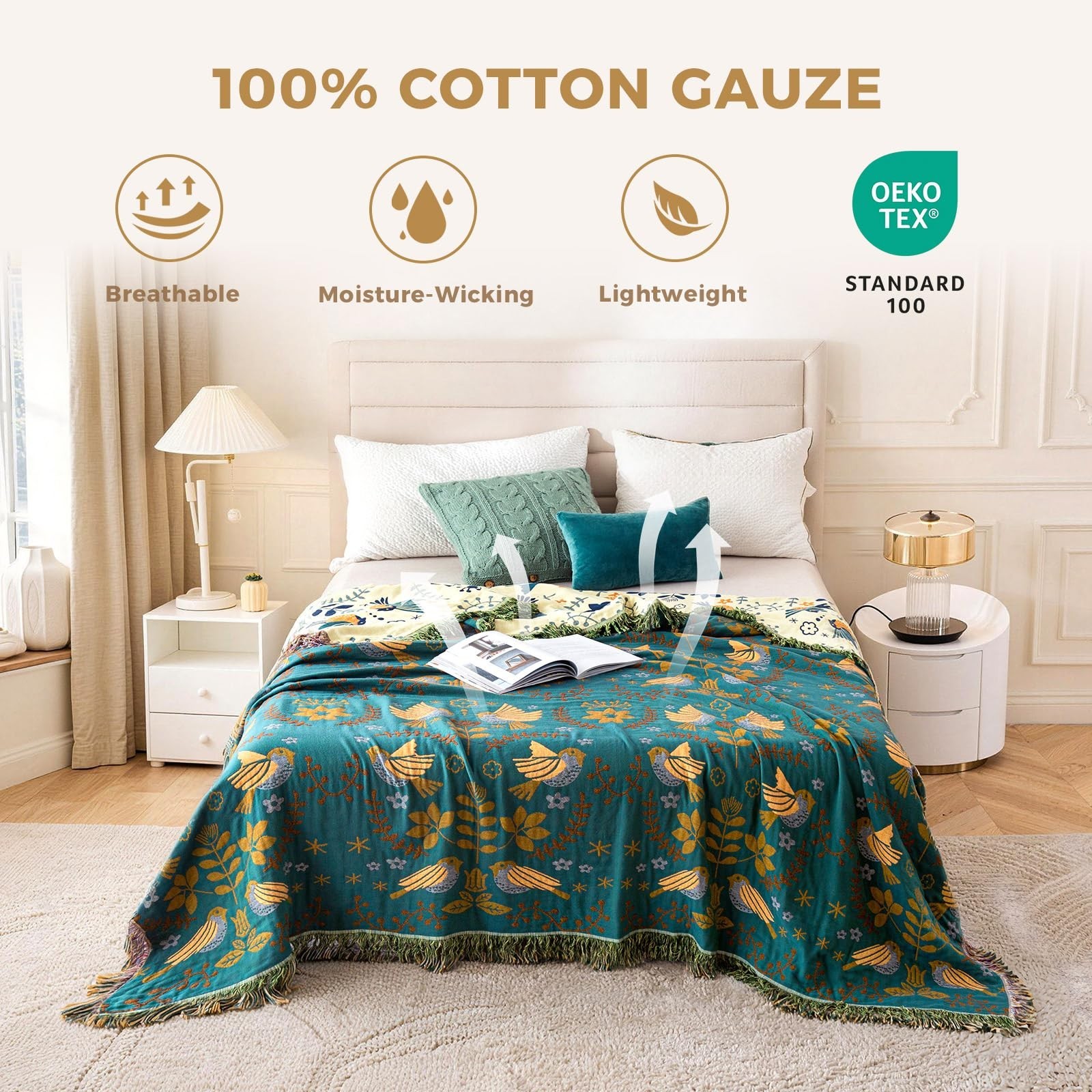 King Throw Blanket for Bed 100% Cotton Boho Soft Rustic Quilt Birds and Flora…