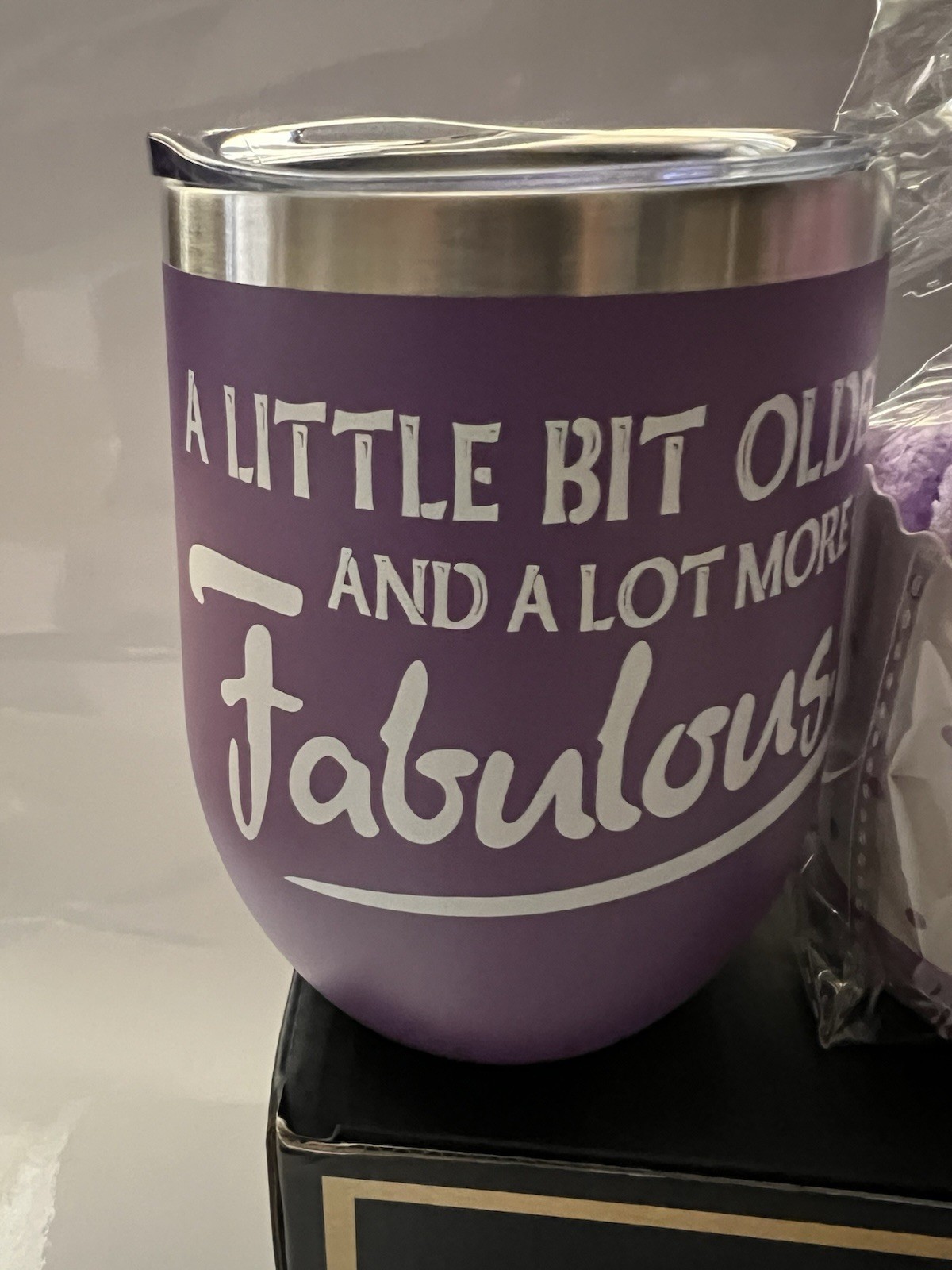 NIB Not A Day Over Fabulous Bday Gift Set -Purple (Wine Cup & Socks with Candle)