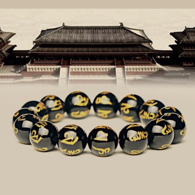 Natural Black Obsidian Bracelet Tibetan Mantra Beads Buddhist Daily Jewelry Gift