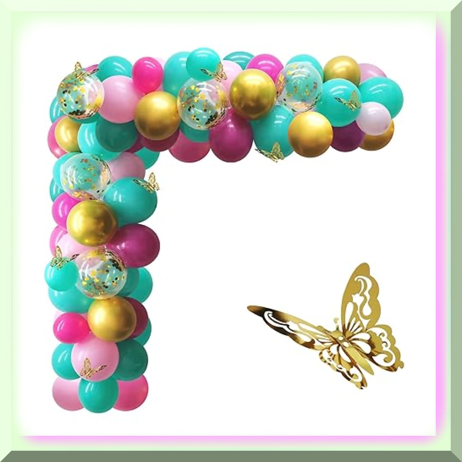 Teal Pink Balloon Arch Kit with Gold Butterflies