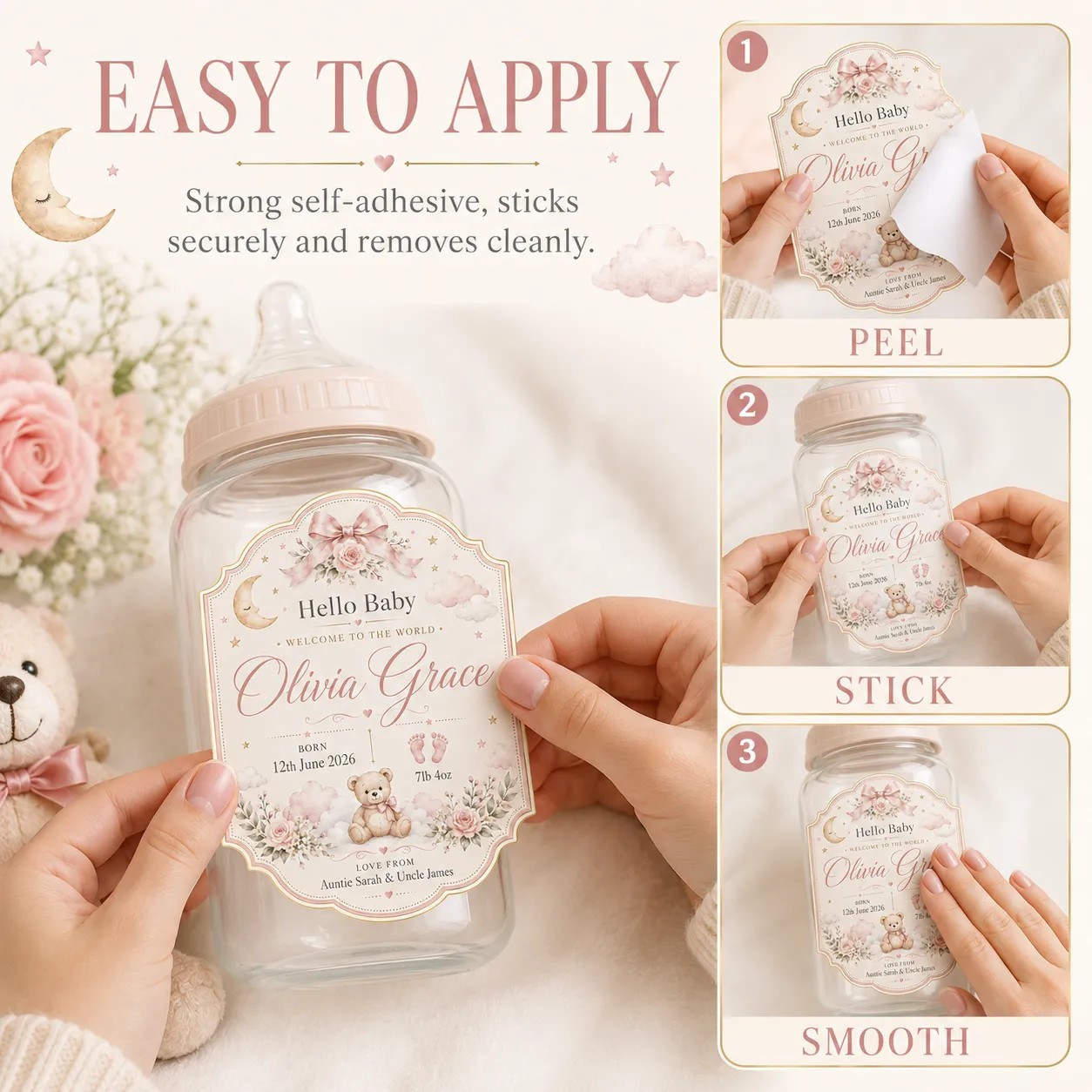 Personalised New Baby Bottle Label Sticker Custom Baby Girl Gift Keepsake