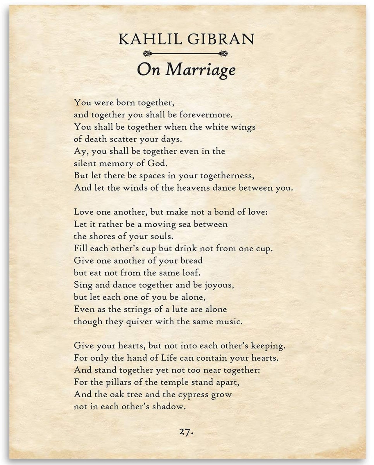 Kahlil Gibran On Marriage Poem 11×14 Unframed Print – Wedding Vows Wall Ar