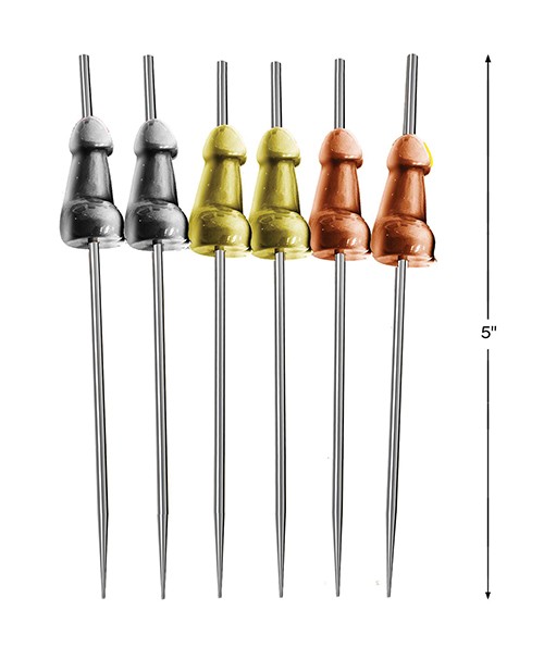 Glitterati Penis Appetizer Picks Set of 6 Stainless Steel Gold Rose Silver