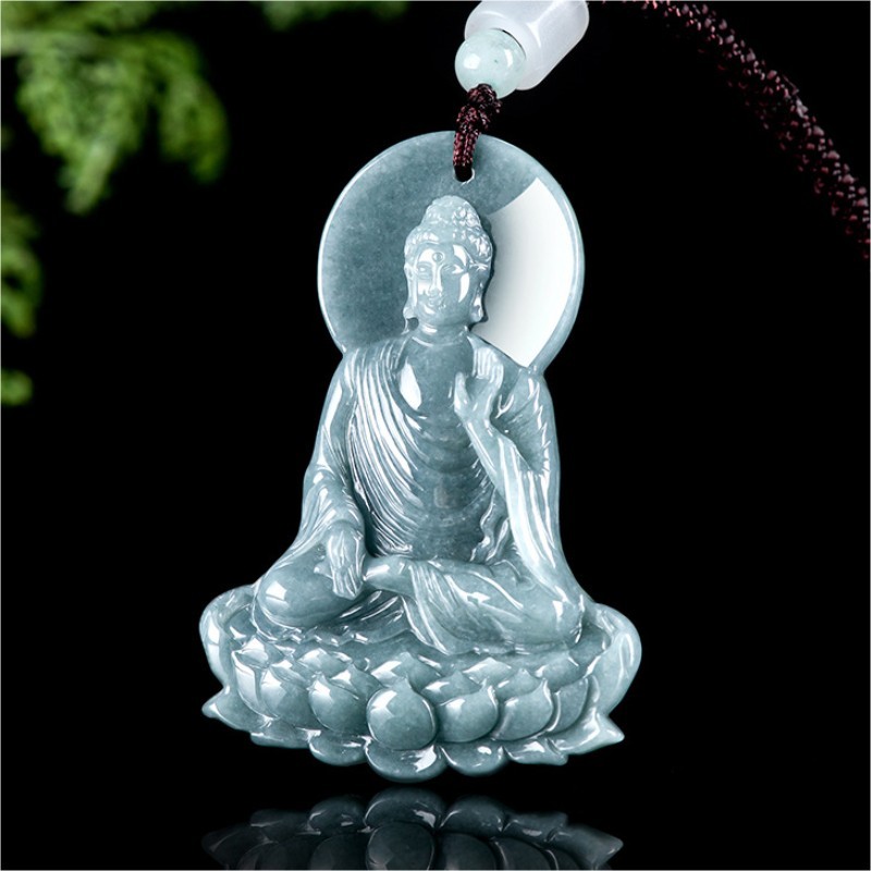Natural Genuine Blue Green A Jade Jadeite China Style Pendant Amitabha 阿弥陀佛 Gift