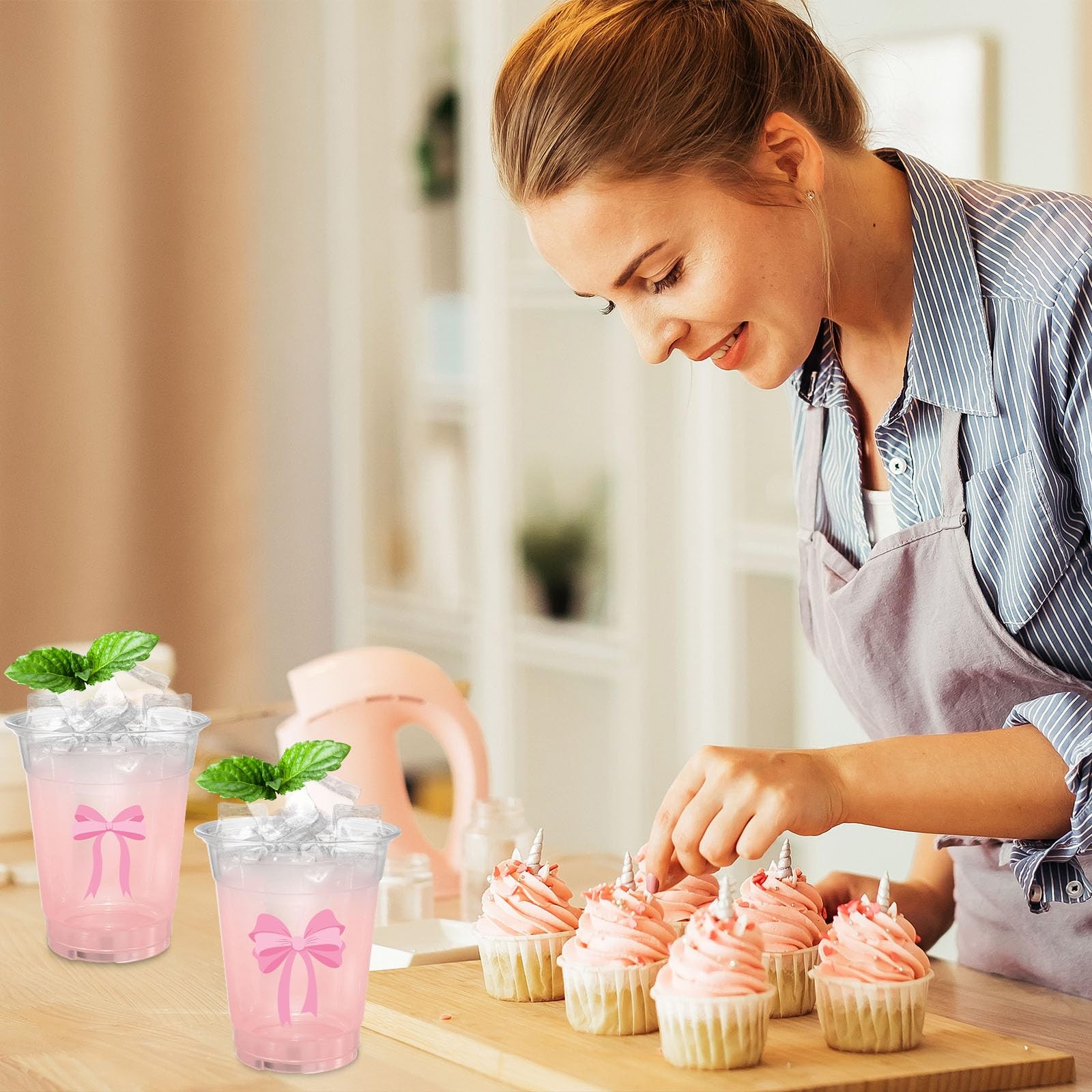 ABURRORI 50 Pcs 12OZ Pink Bow Plastic Cups, Disposable standard,