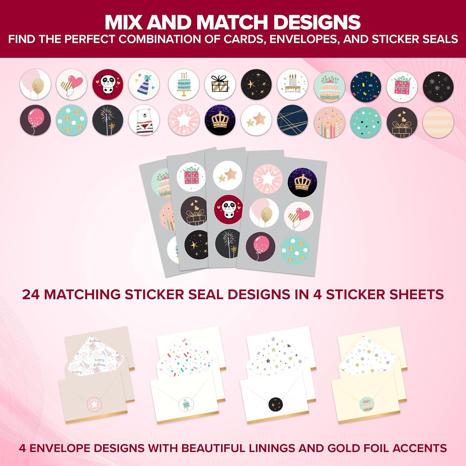 24 Pack Foil and Glittery 6X4In Assorted Birthday Cards with Envelopes and St…