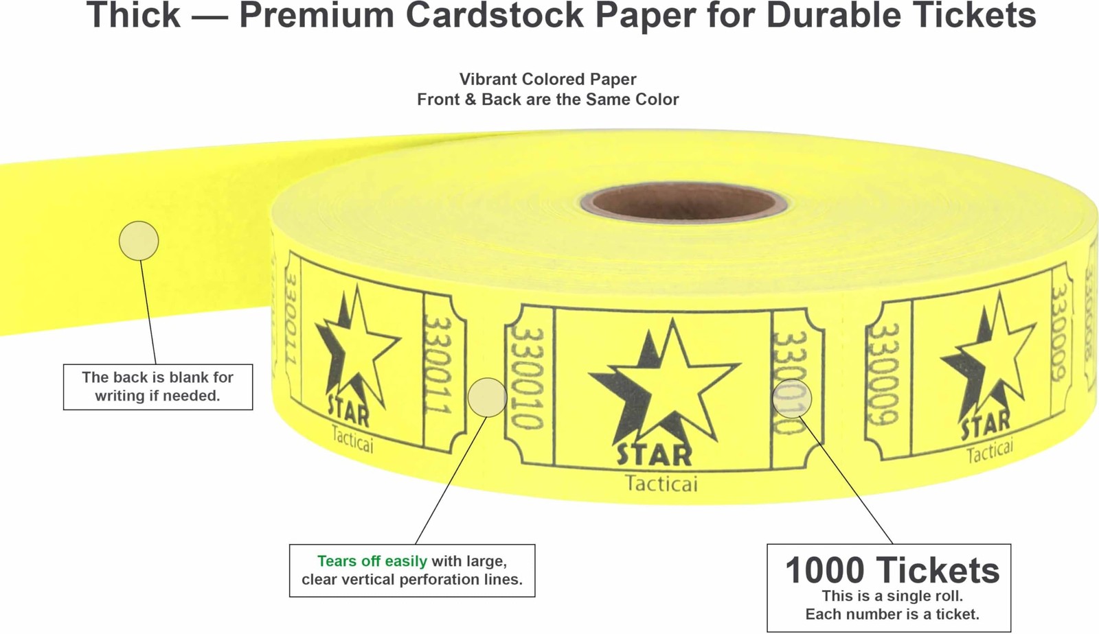 1000 Raffle Tickets Star Yellow 1 of 8 Colors Single Roll Ticket for Events E…