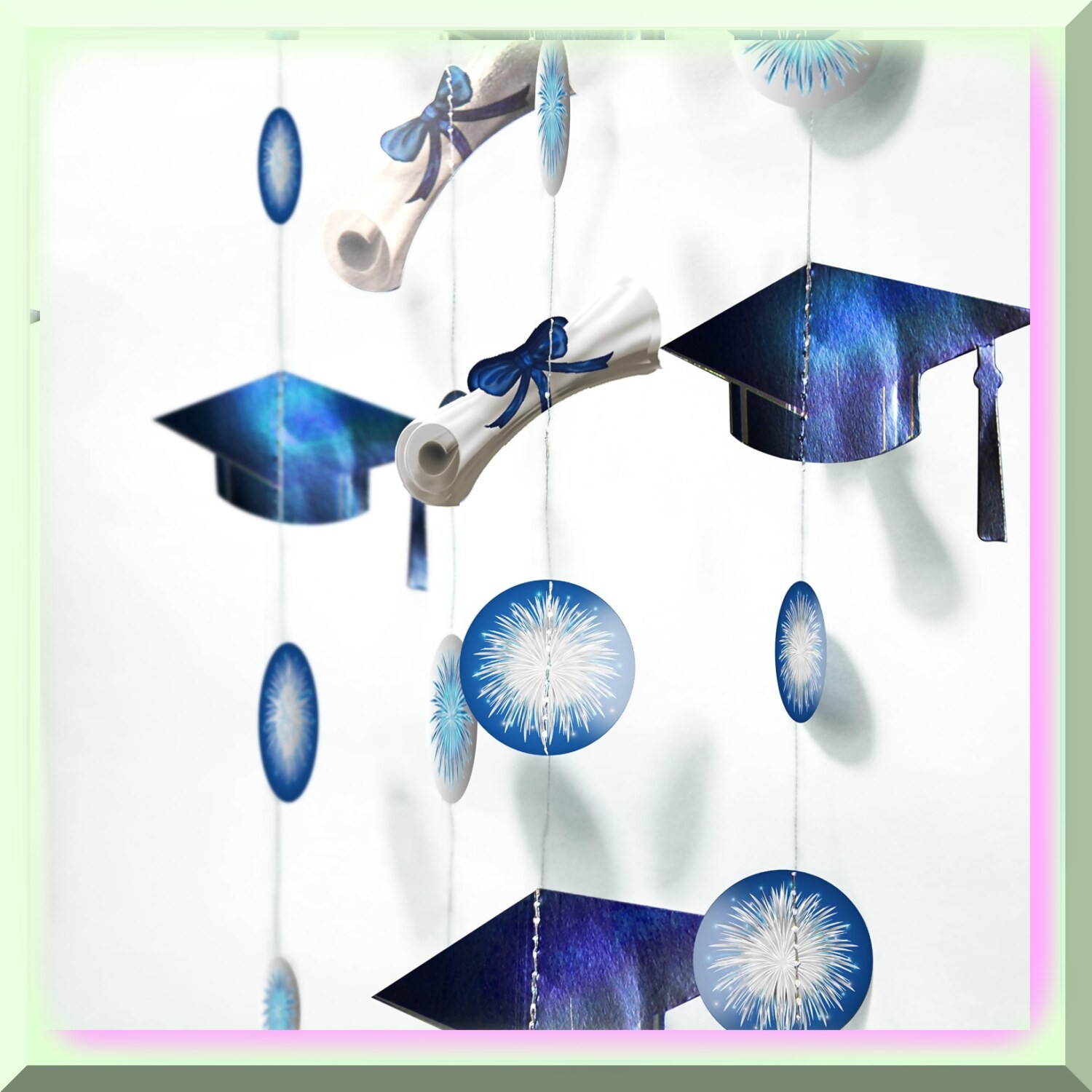 Blue Graduation Garland Set with Caps Diplomas and Fireworks