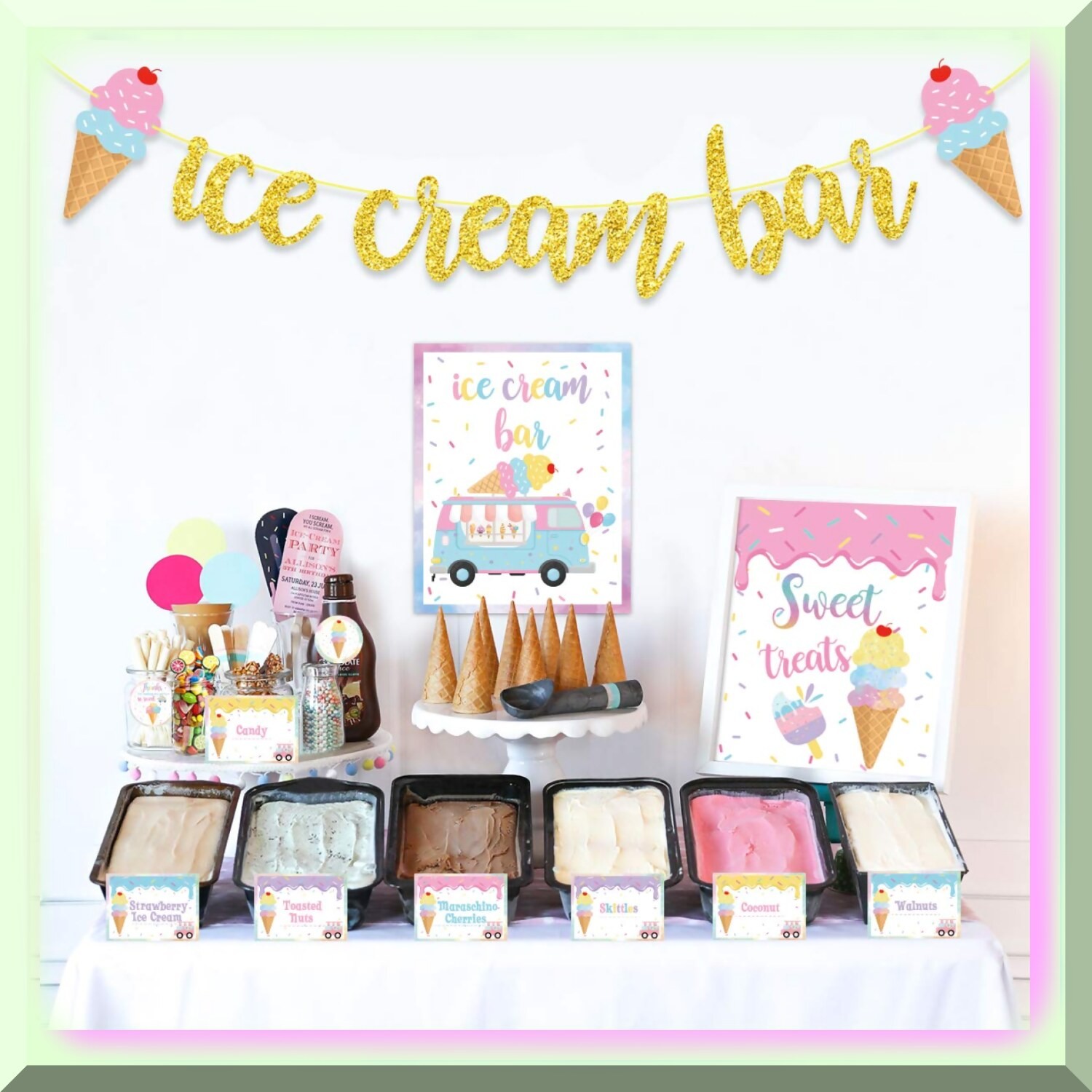 Ice Cream Bar Decor Kit with Banner and Labels