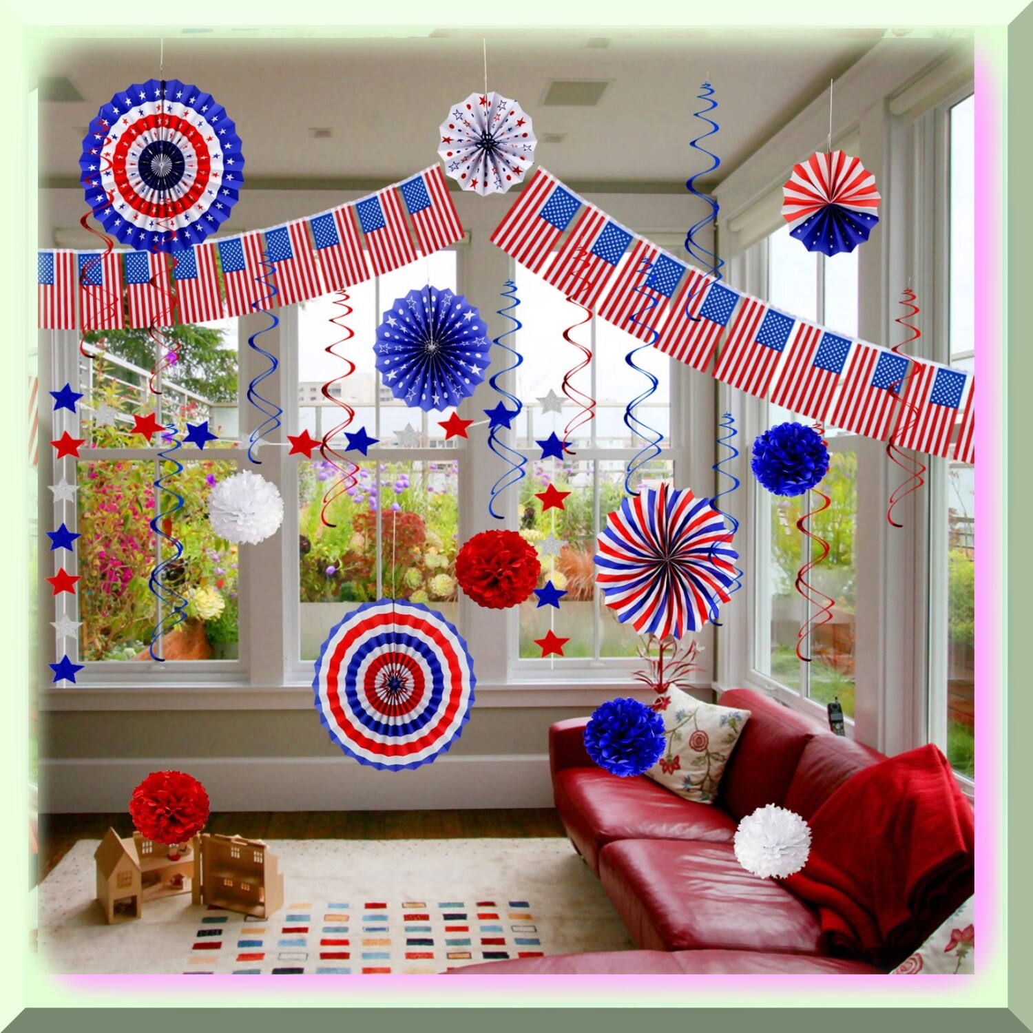 Patriotic Party Decorations Set with Flag Banner and Fans