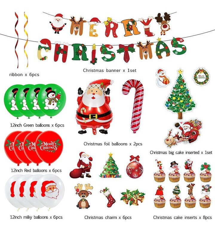 Holiday Decoration Set Merry Christmas Banner Santa Decor Balloons