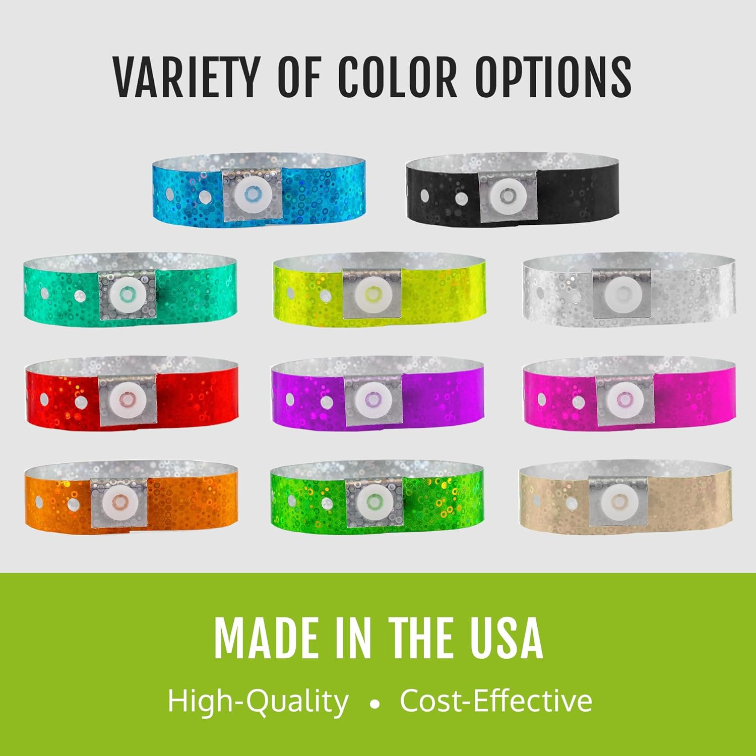 100 Wristco Blue Holographic Plastic Wristbands for Events – Extended Wear, Glow