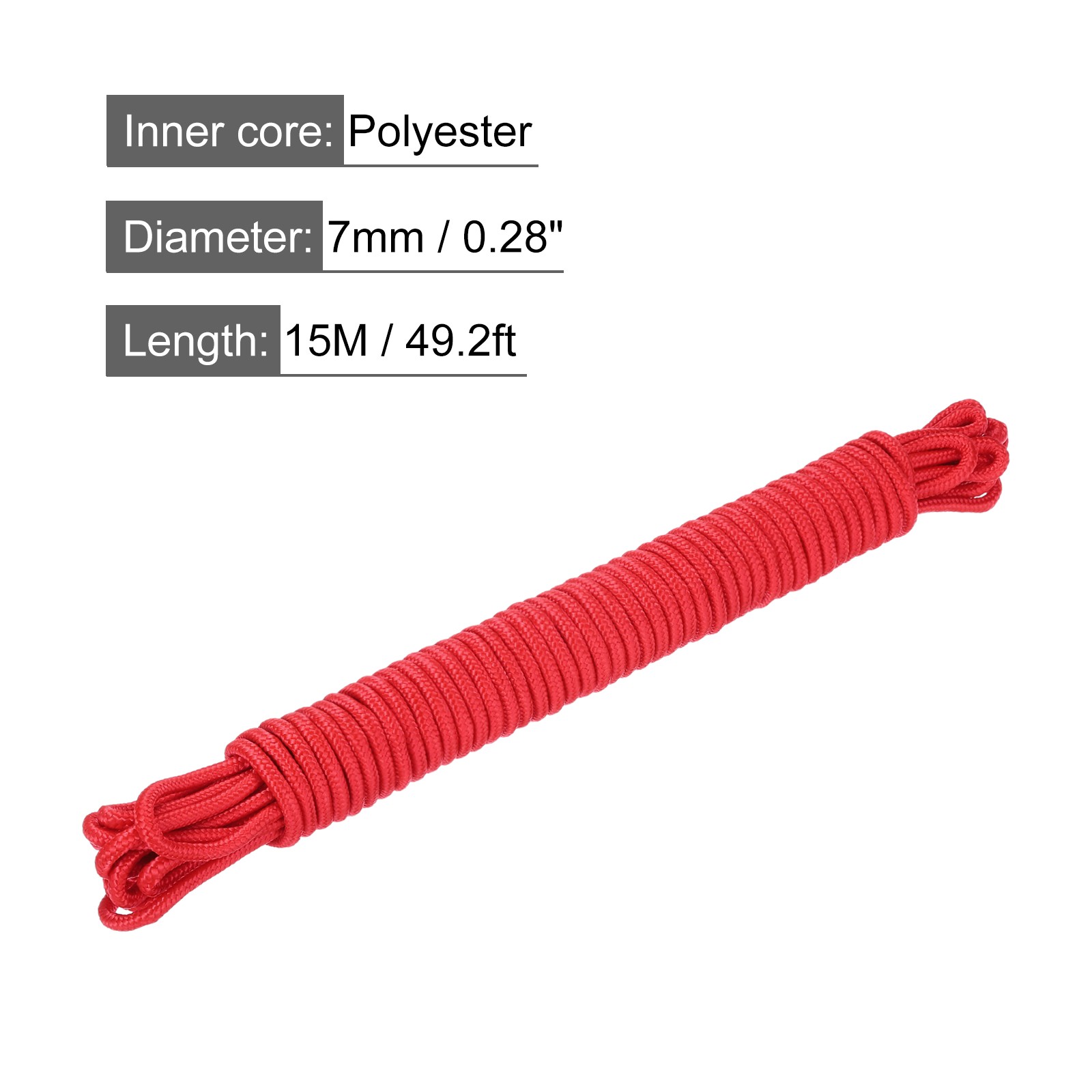15M/49.2ft 7mm Red Polypropylene Braided Rope for Outdoor