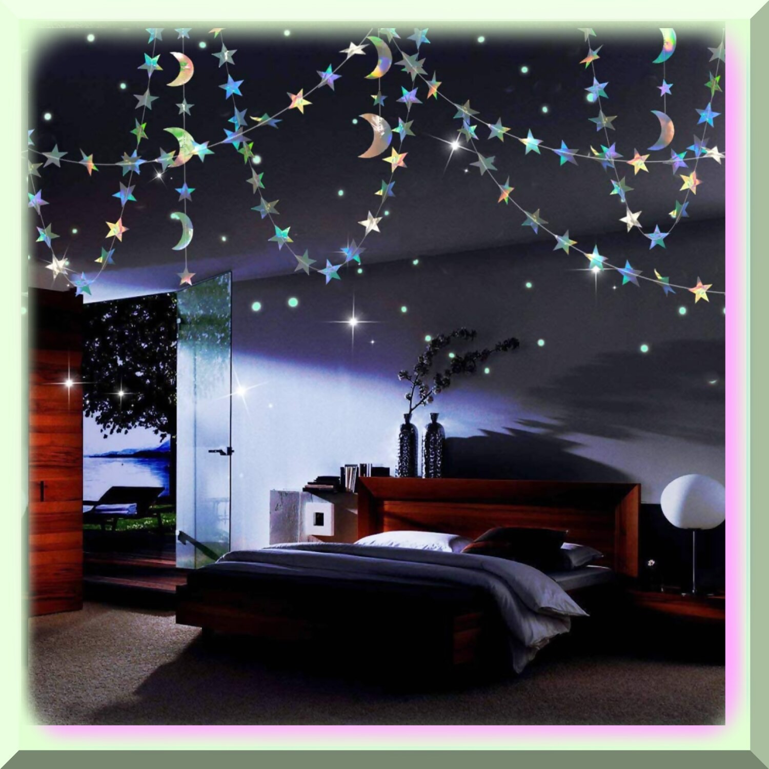 Iridescent Moon and Star Garland 52ft Decorations