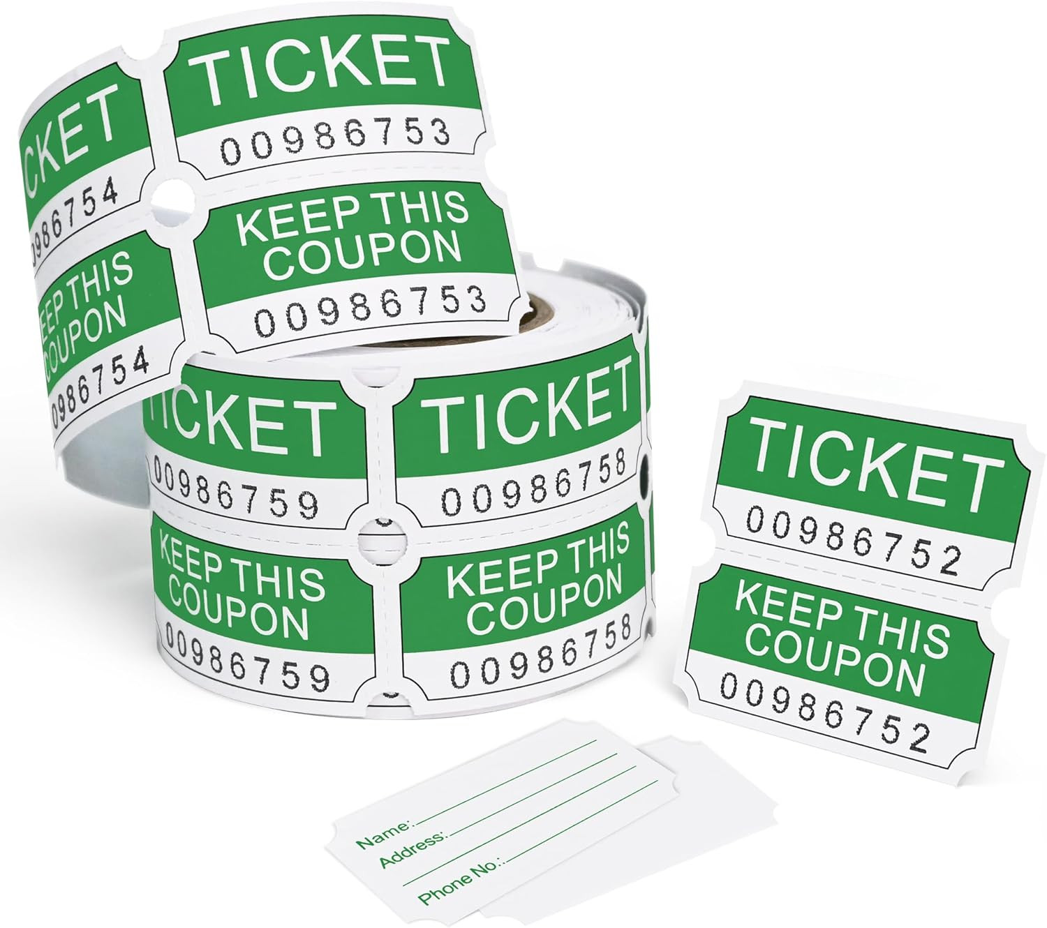 250 Raffle Tickets Roll Green Double Stub Consecutive Number Event Tickets