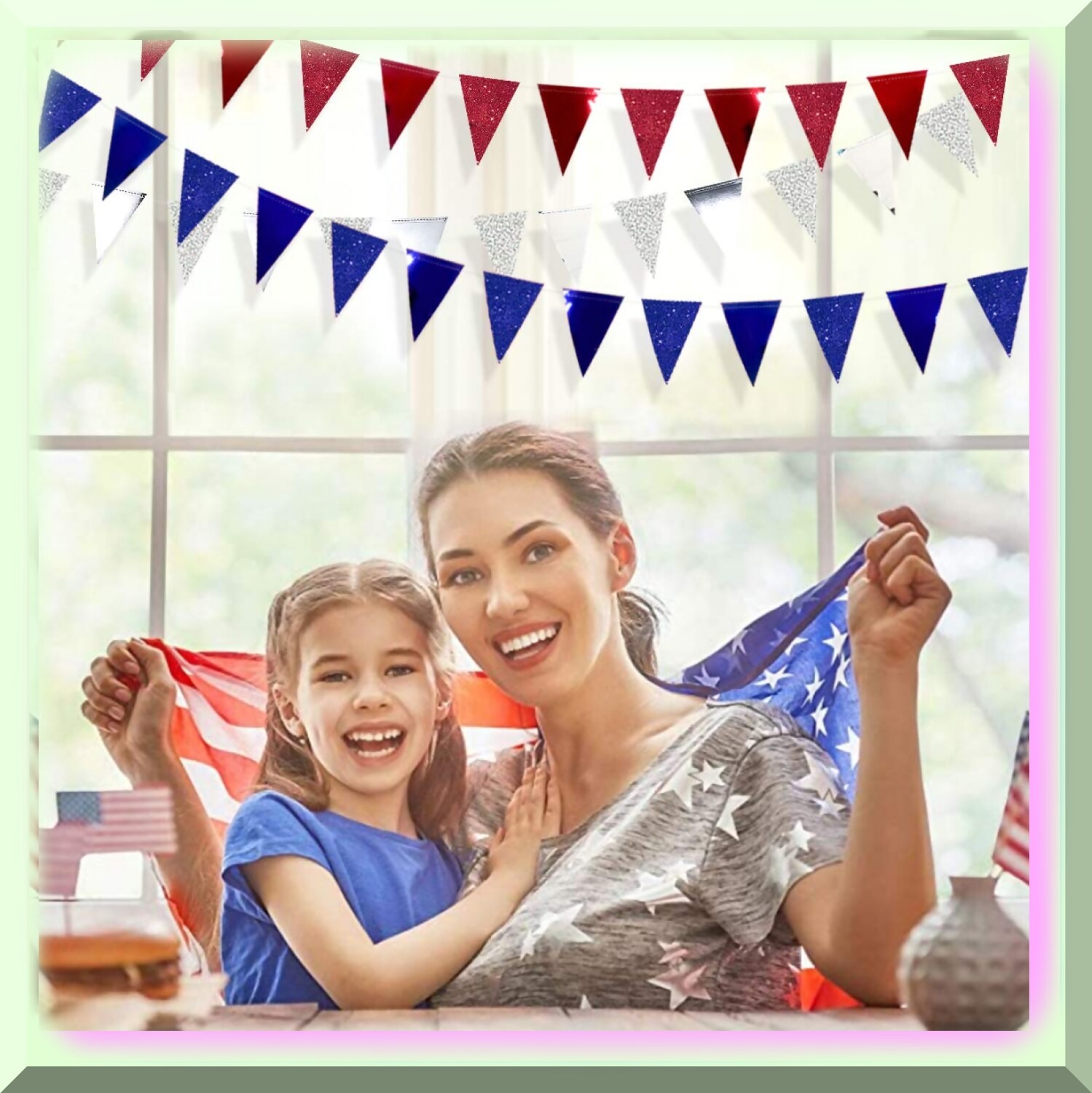 30ft Tri-Color Patriotic Pennant Banner with Glitter Flags