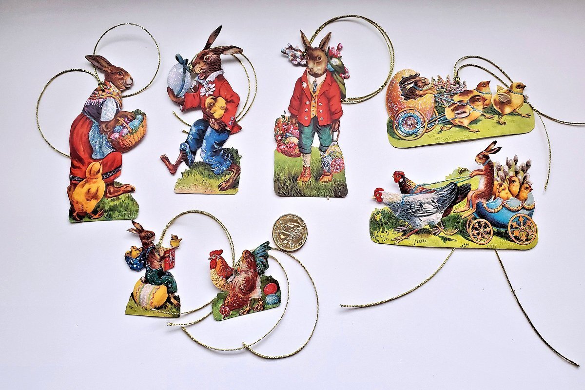 7~Easter~Victorian~Fussy Cut~Embossed~Scraps~Bunnies~Rooster~Gift Tags~Ornaments