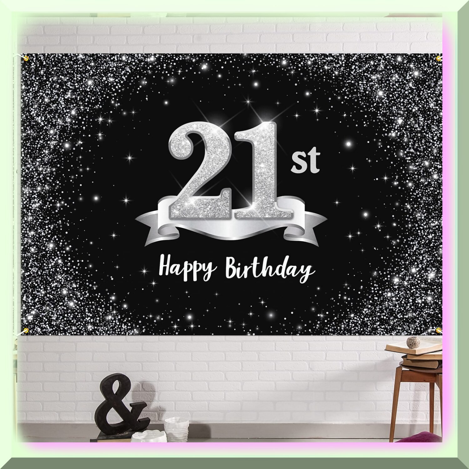 21st Birthday Sparkling Black Silver Backdrop
