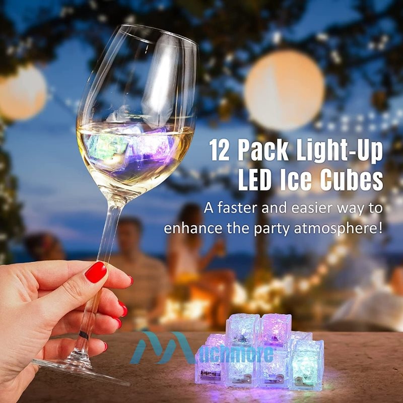 12Pcs Waterproof Light Up LED Ice Cubes for Drinks Colors Flashing Glow in Water