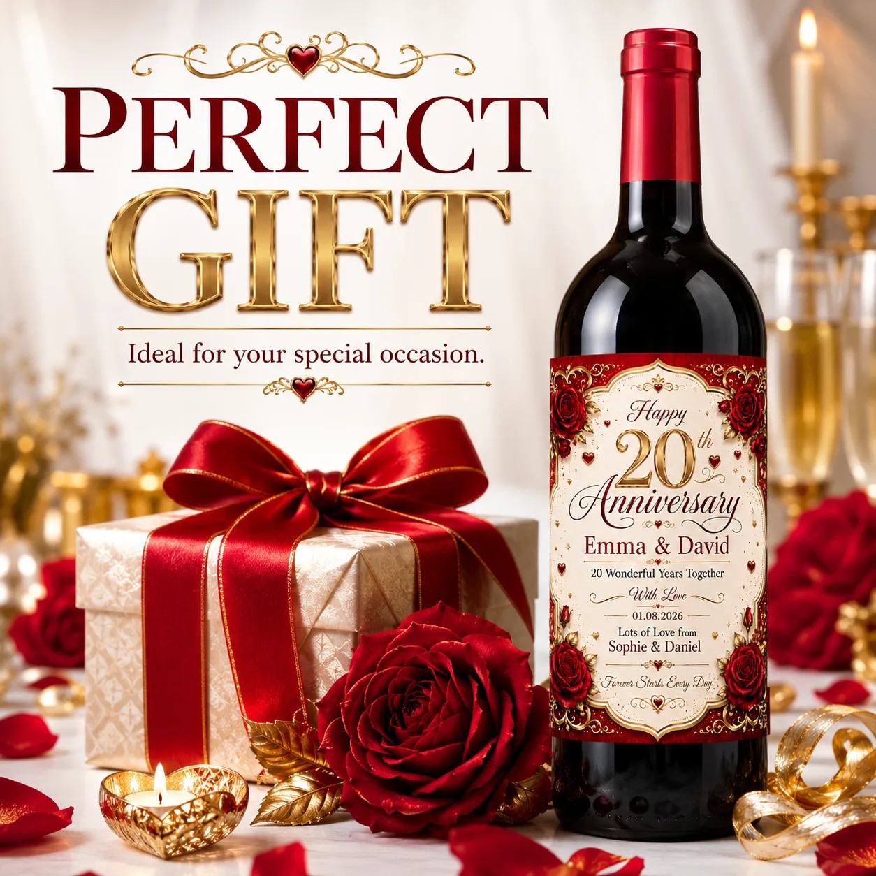 Personalised 20th Anniversary Bottle Label Sticker Wine Gift Red Rose
