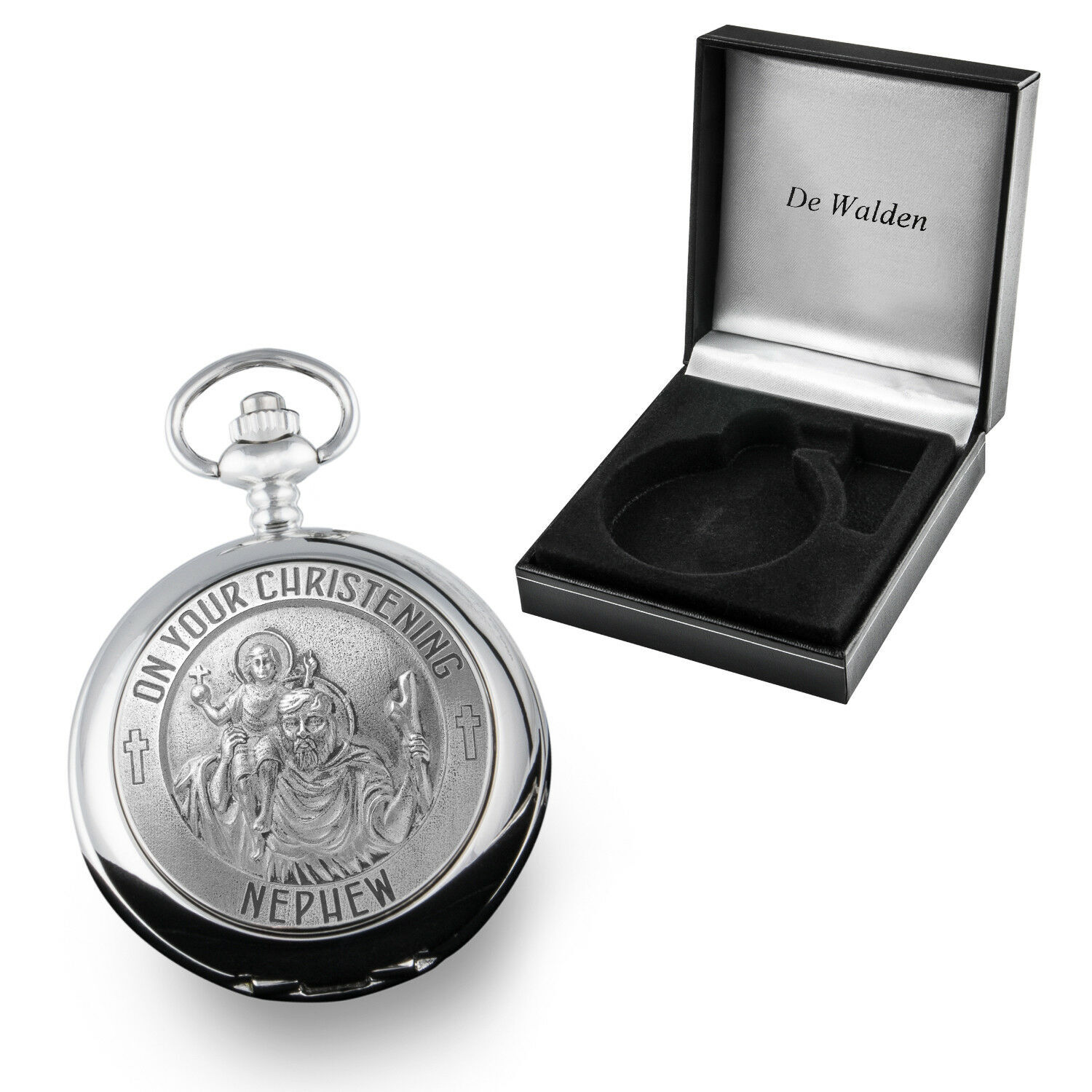 Nephew Christening Gift Boys Engraved St Christopher Pocket Watch Gift Box MOP