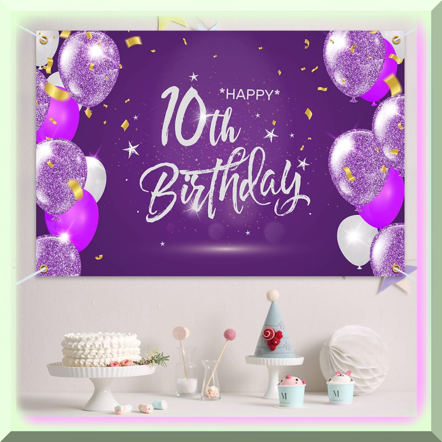 Purple 10th Birthday Party Backdrop Banner with Ribbon