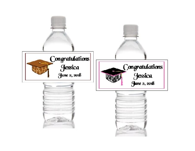 10 Leopard or Zebra Graduation Personalized Water Bottle Label Wrapper Favors