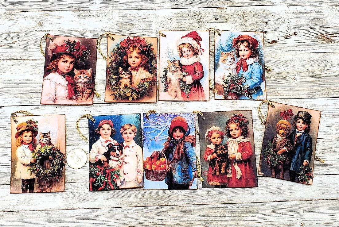 9-Christmas-Vintage-Kids-Cats-Dogs-Holiday-Linen Cardstock-Gift-Hang-Tags