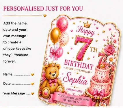 Personalised 7th Birthday Bottle Label Custom Girl Pink Wine Bottle Sticker