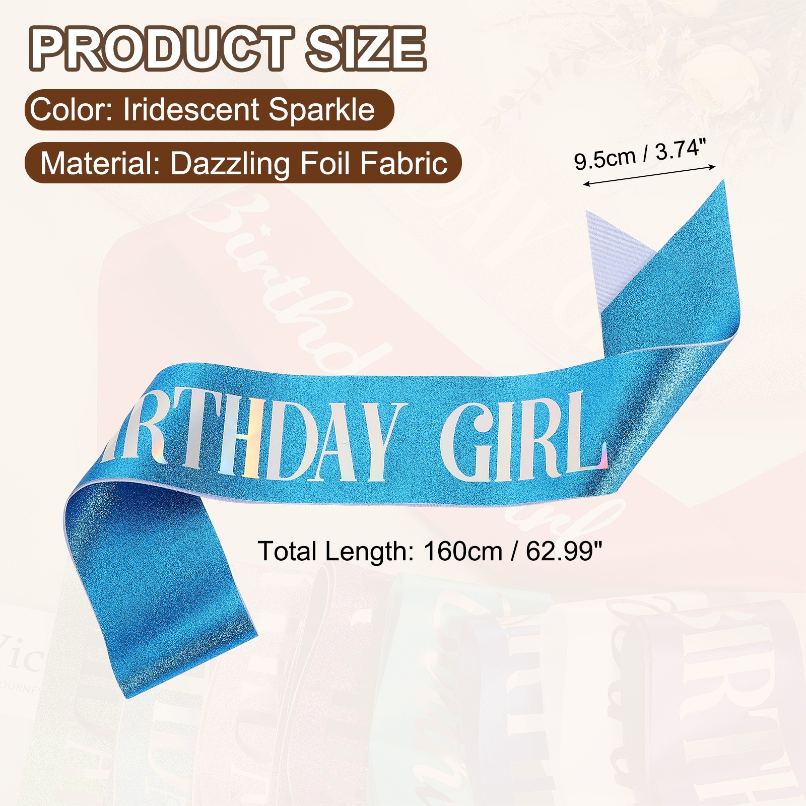Birthday Girls Sash with Pin Iridescent Sparkle Lettering for Party, Navy Blue