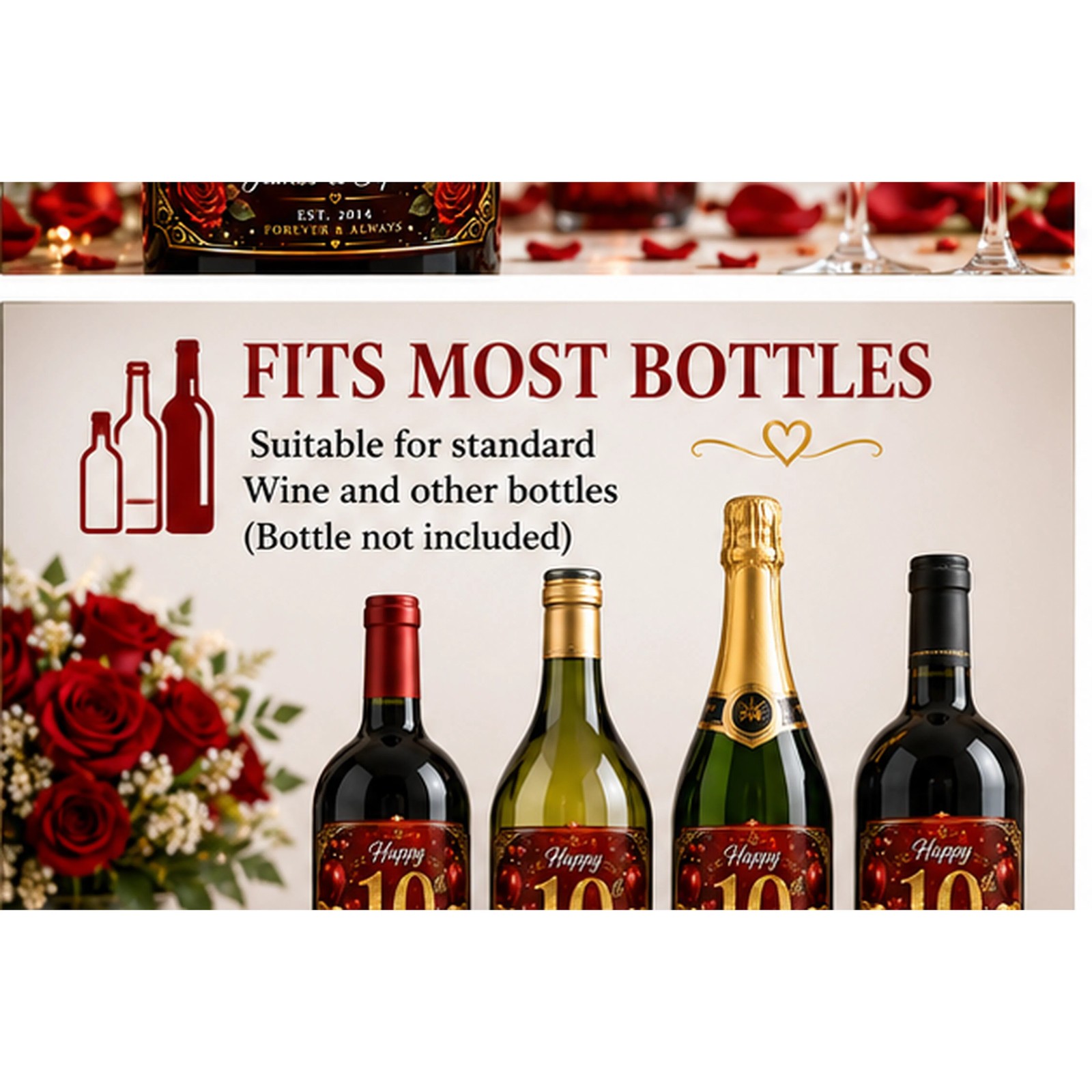 Personalised 10th Anniversary Bottle Label Sticker Wine Gift Red Rose