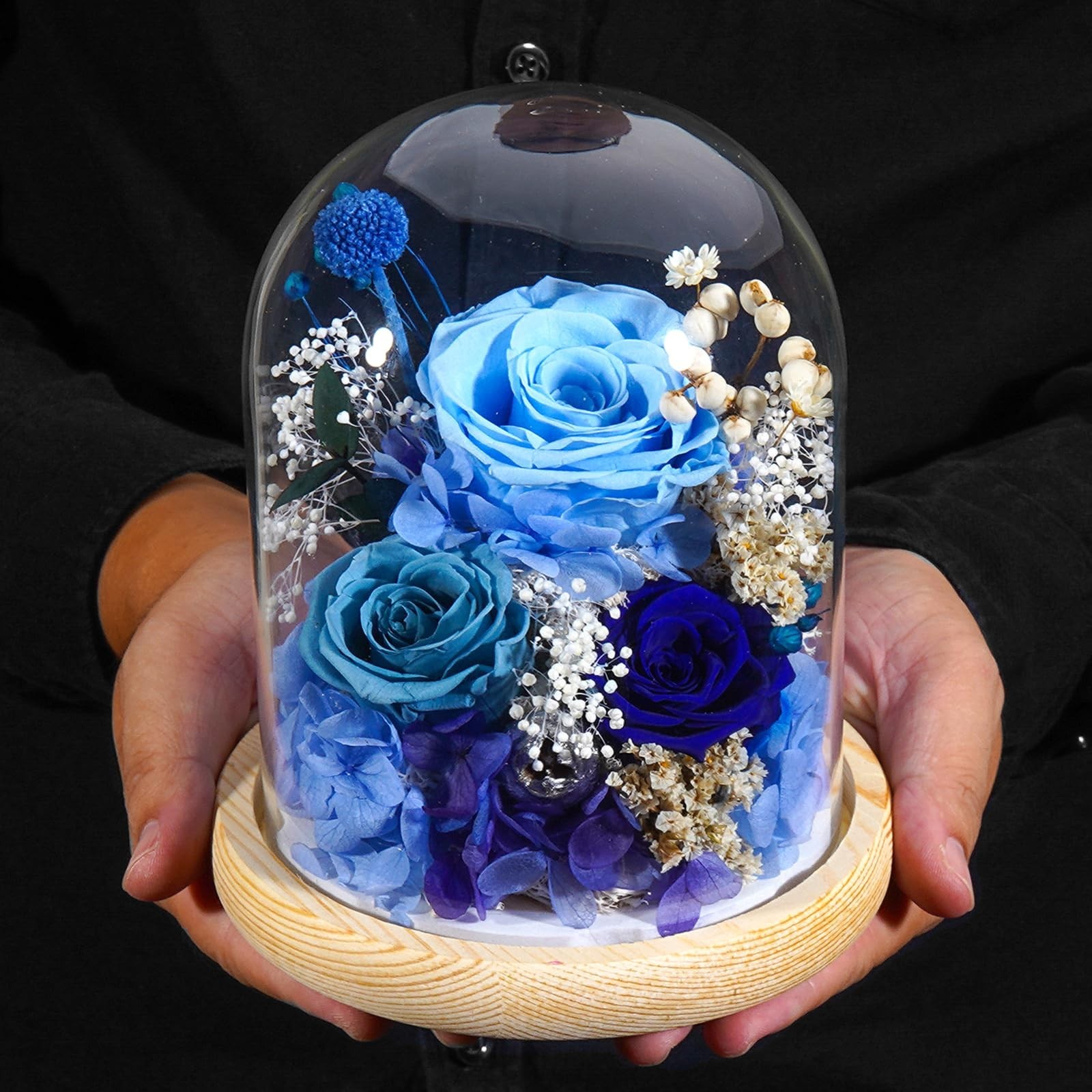 3-Tone Preserved Rose in Glass Dome with LED Lights – Eternal Roses Flower w/…