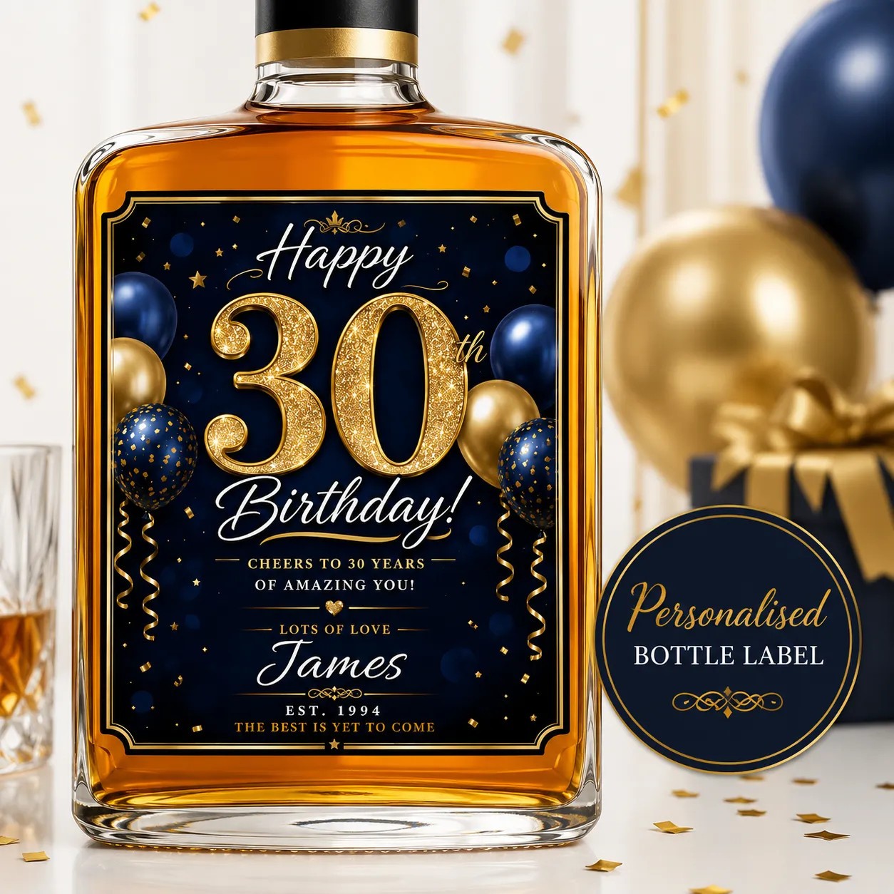 Personalised 30th Birthday Bottle Label Sticker Custom Wine Gift Blue Gold