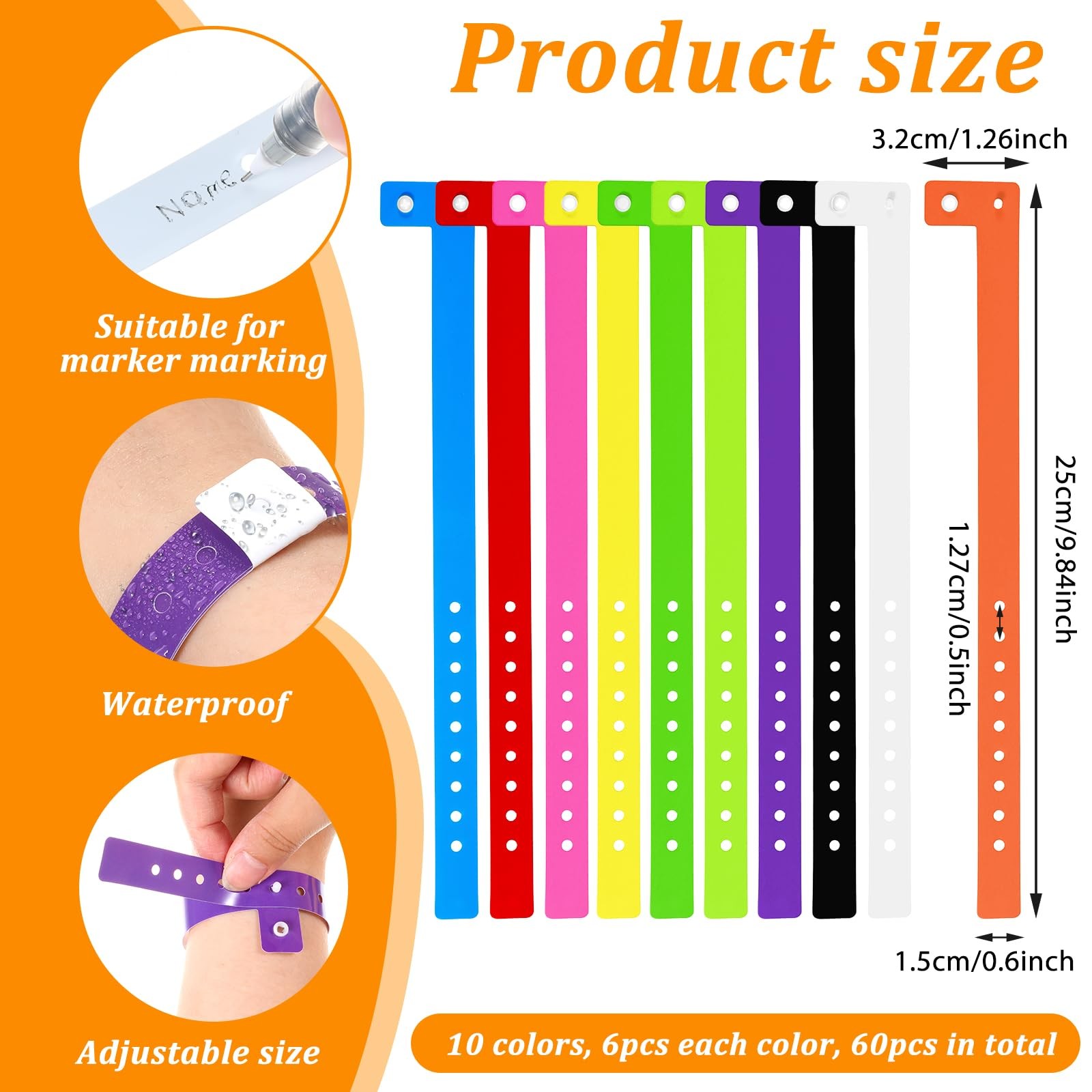 60 Pcs Vinyl Wristband in 10 Colors, Plastic 30cm x 23cm x 1.9cm, Colorful