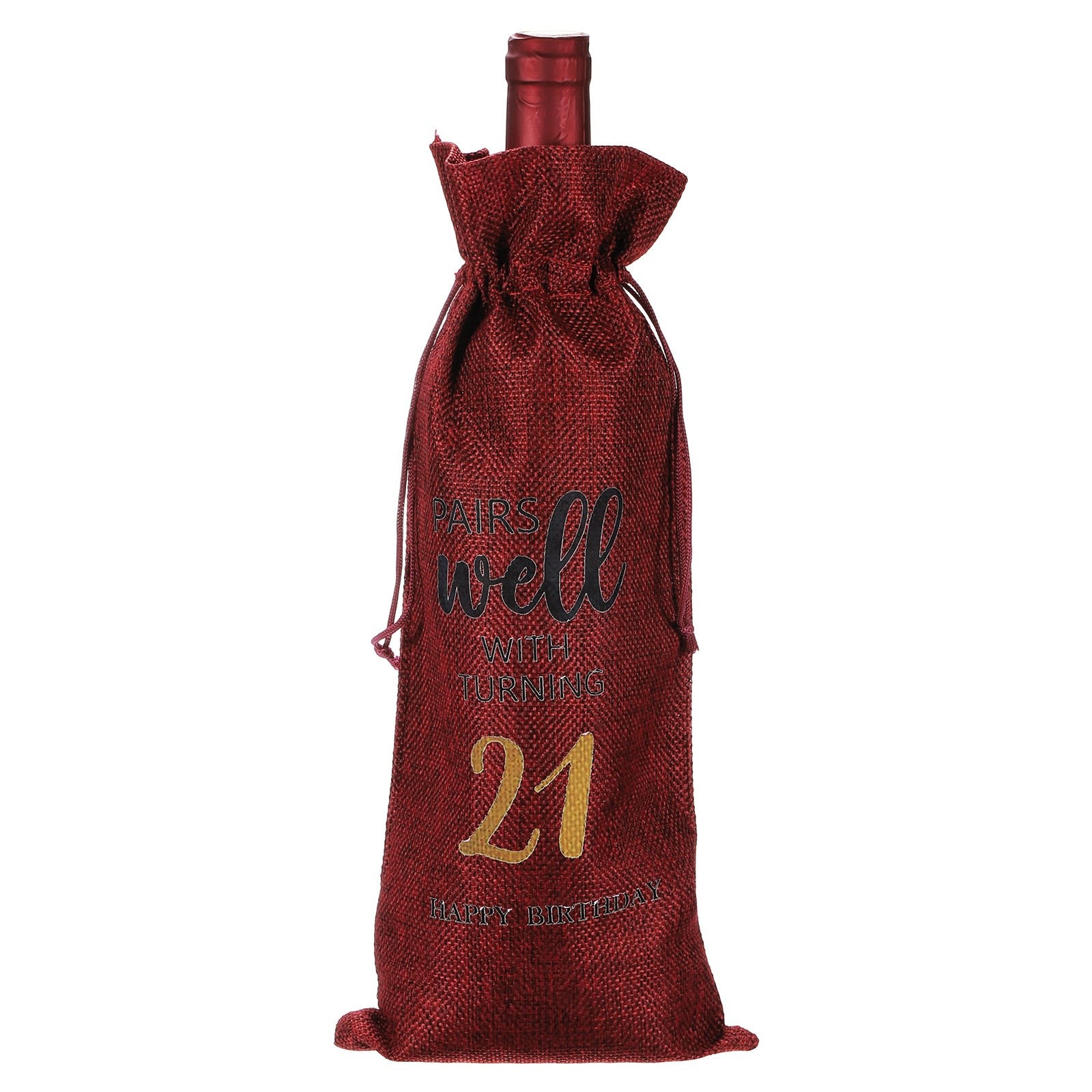 6 x 14 Inch 21th Birthday Gift Wine Bottle Bag with Drawstring, Red