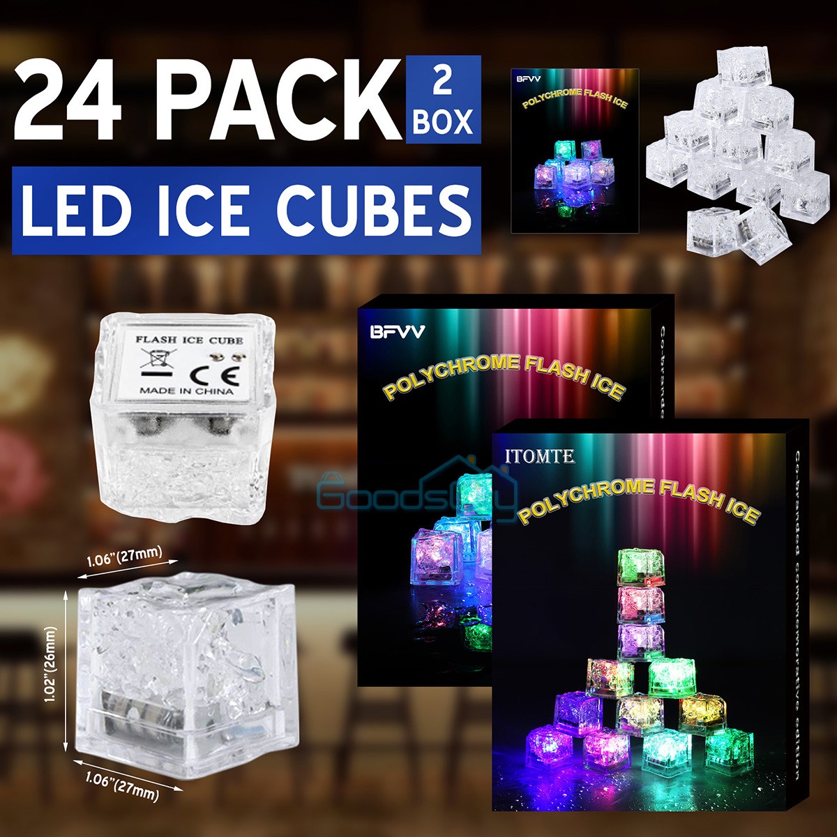 24Pcs Flashing Glow in The Dark LED Light Up Ice Cube Cocktail Mojito Drinks Bar