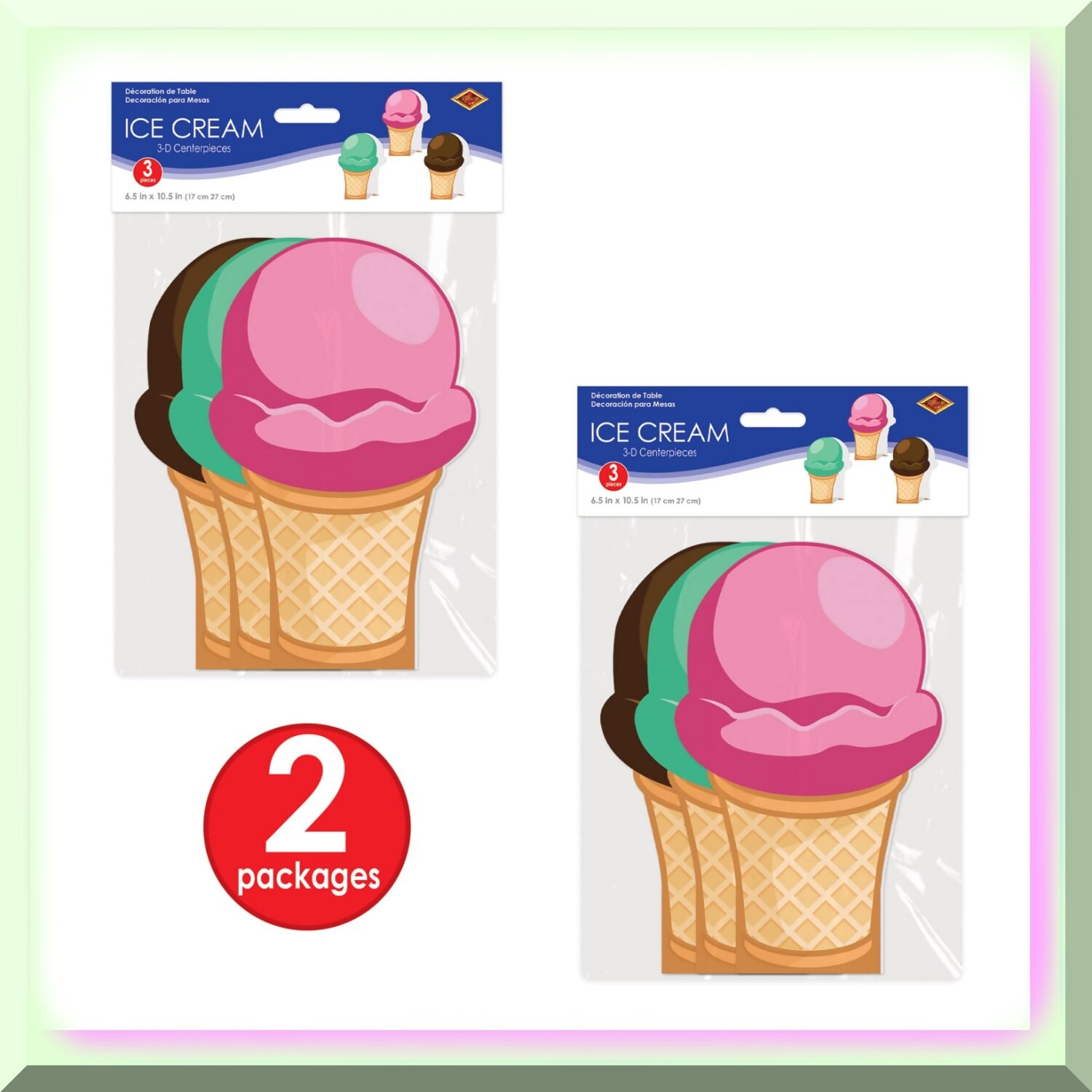 Set of 6 Summer Ice Cream Cone Cardstock Centerpieces