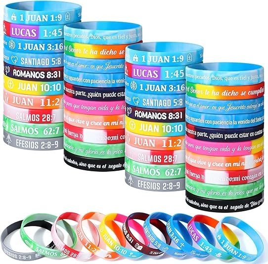 Skylety 60 Pcs Spanish Christian Bracelets Bible Verse Motivational Rubber