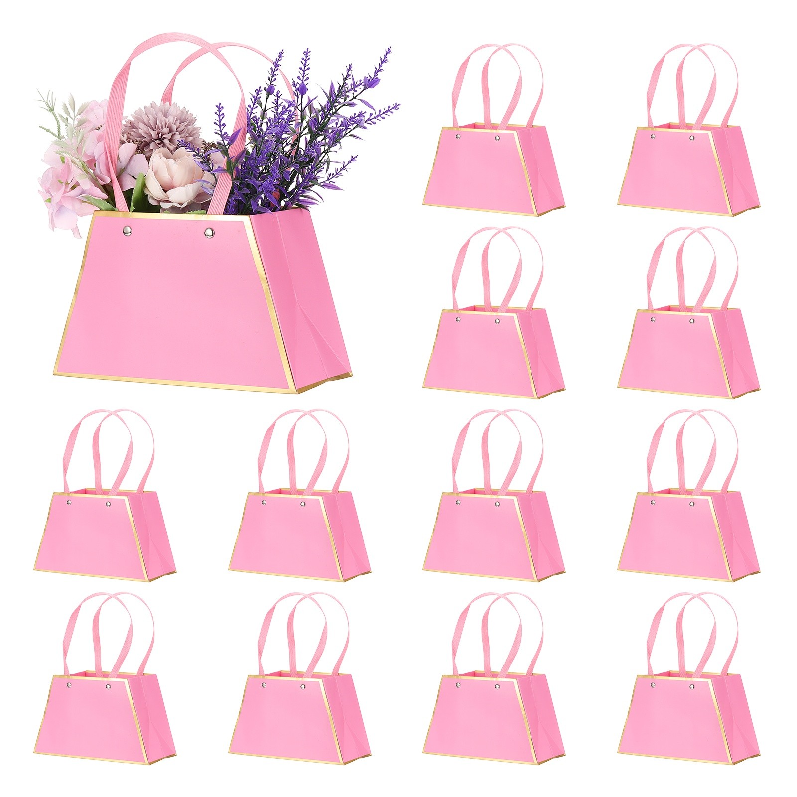 12 Pcs Flower Gift Bags Bouquet Wrapping Bag Paper Bouquet Bag Boxes Dark Pink