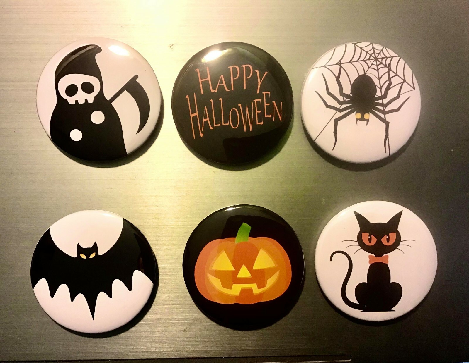 HALLOWEEN PIN BUTTON or MAGNET 2.25 in. avail pumpkin spider bat grim reaper cat