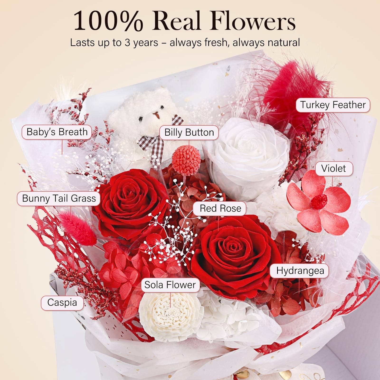 Preserved Flowers Bouquet with Bear, 3 Real Forever Flowers for Delivery, Lon…
